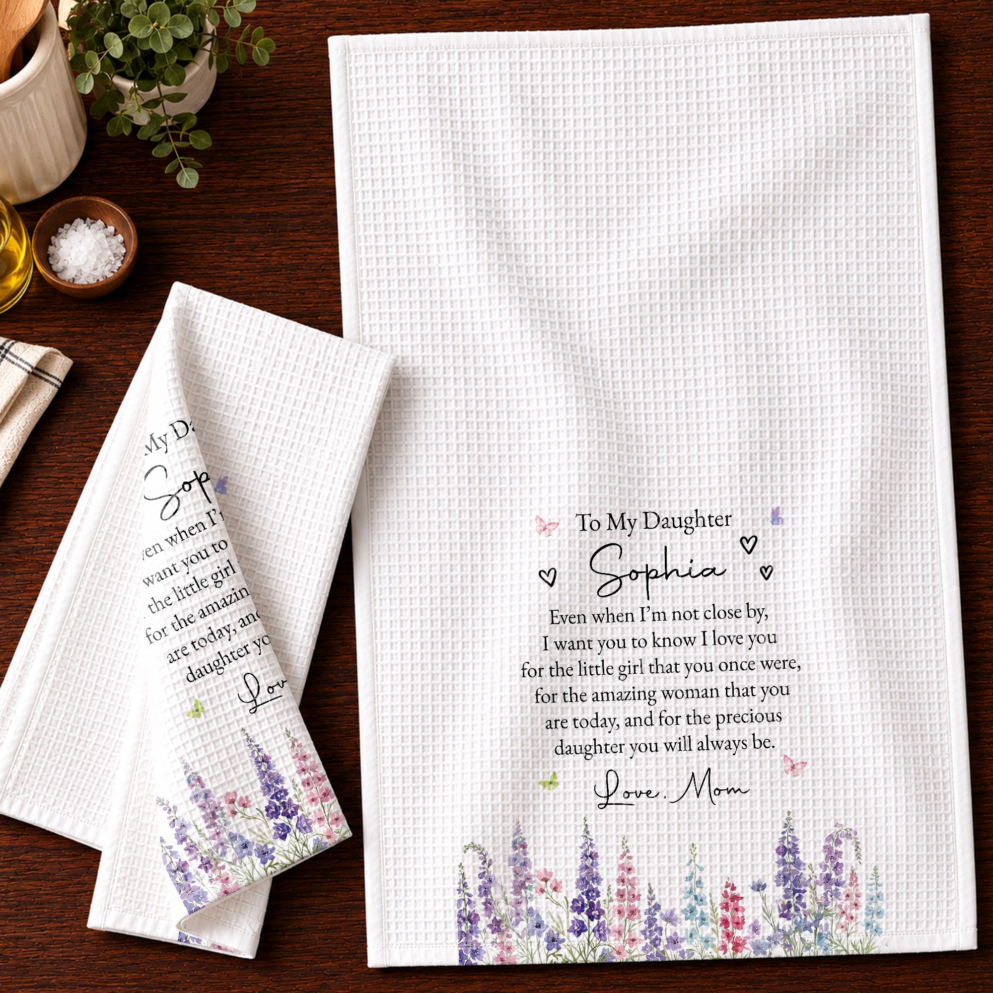 Personalized Kitchen Towel for Daughter with Flowers & Butterflies Gift Kitchen Towel GradoCreations