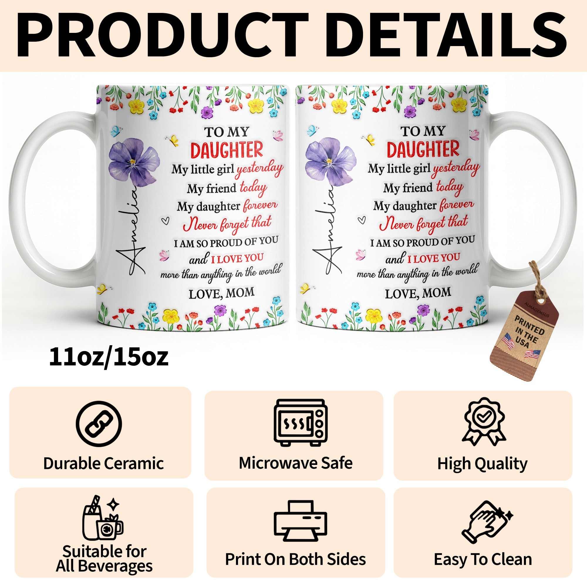 Personalized Coffee Mug Gift for Daughter with Flowers & Butterflies Edge-to-edge Mug GradoCreations
