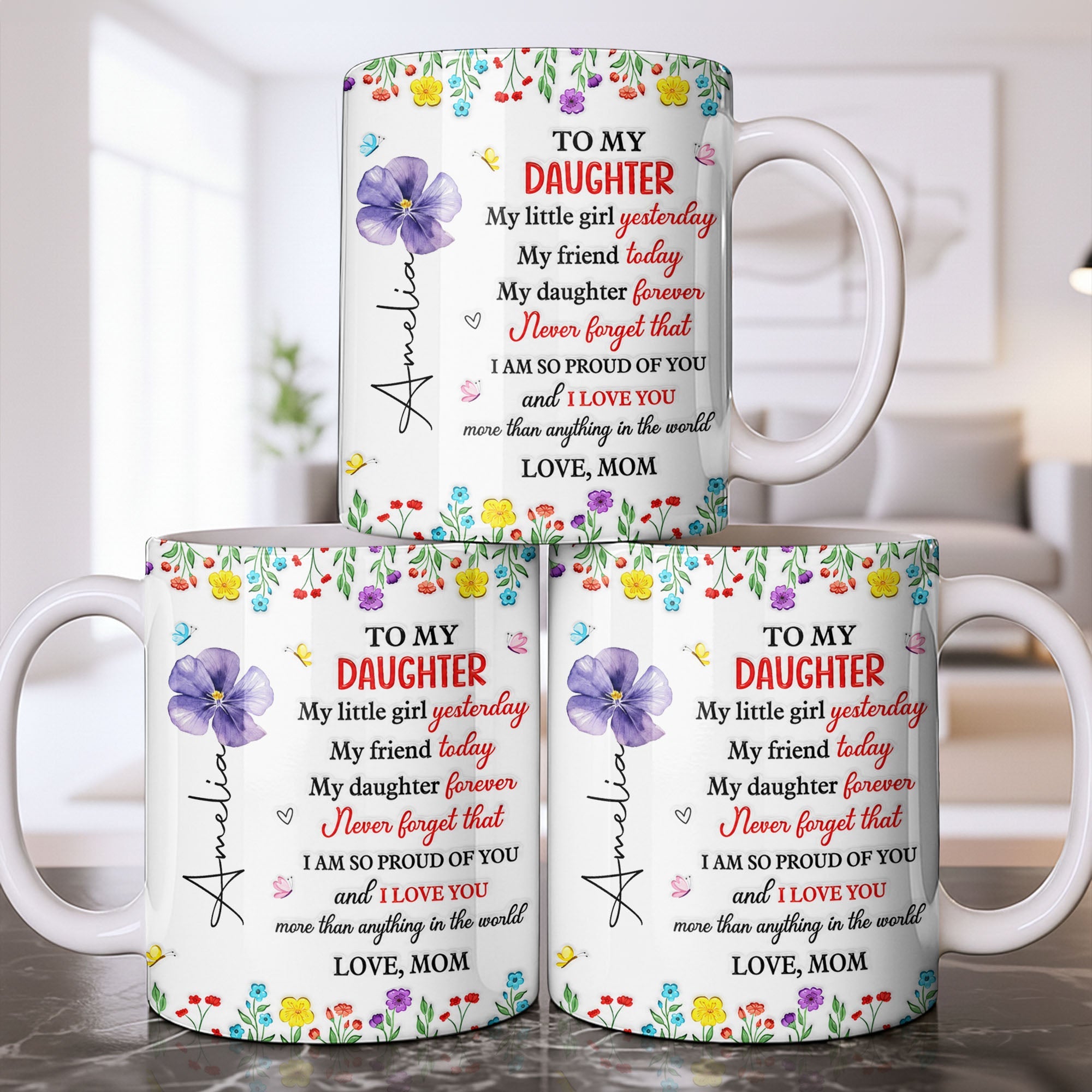 Personalized Coffee Mug Gift for Daughter with Flowers & Butterflies Edge-to-edge Mug GradoCreations