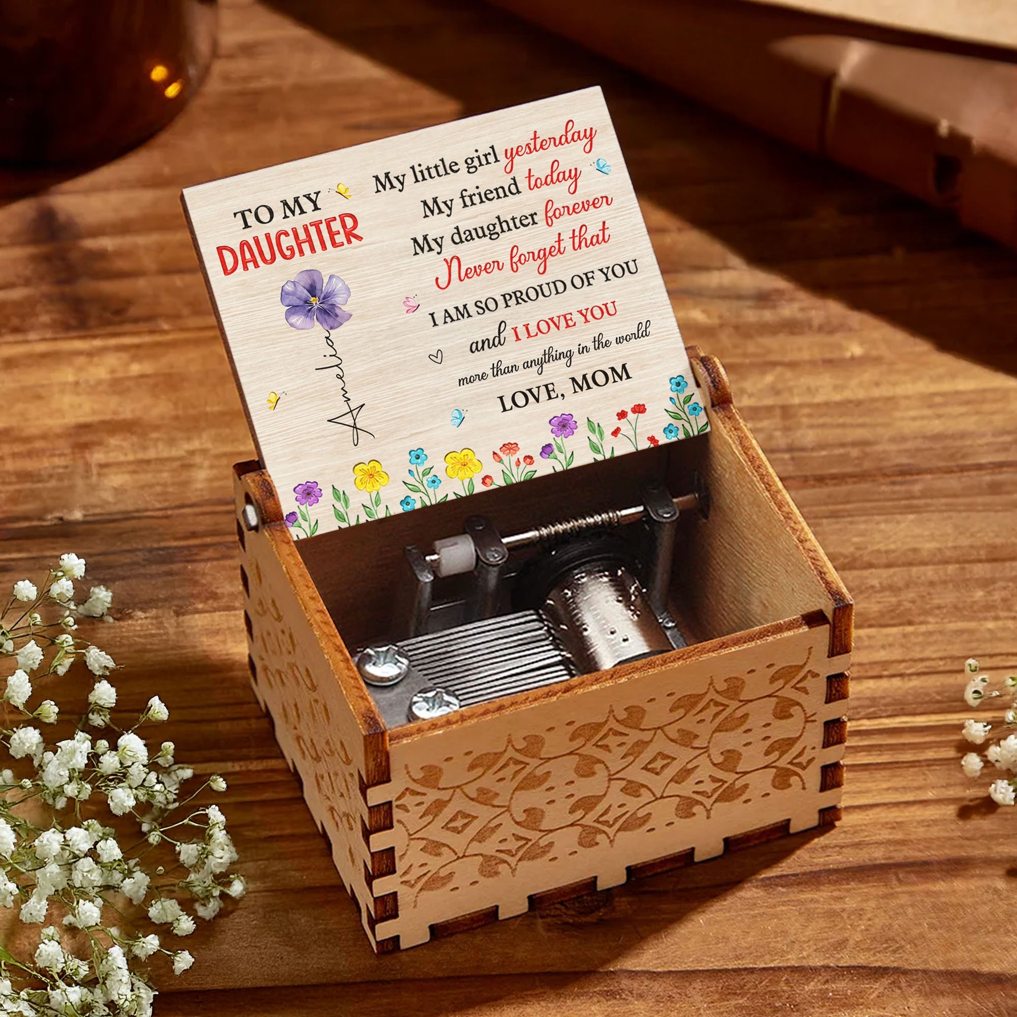 Custom Wooden Music Box with Birth Month Flowers for Daughter Music Box GradoCreations