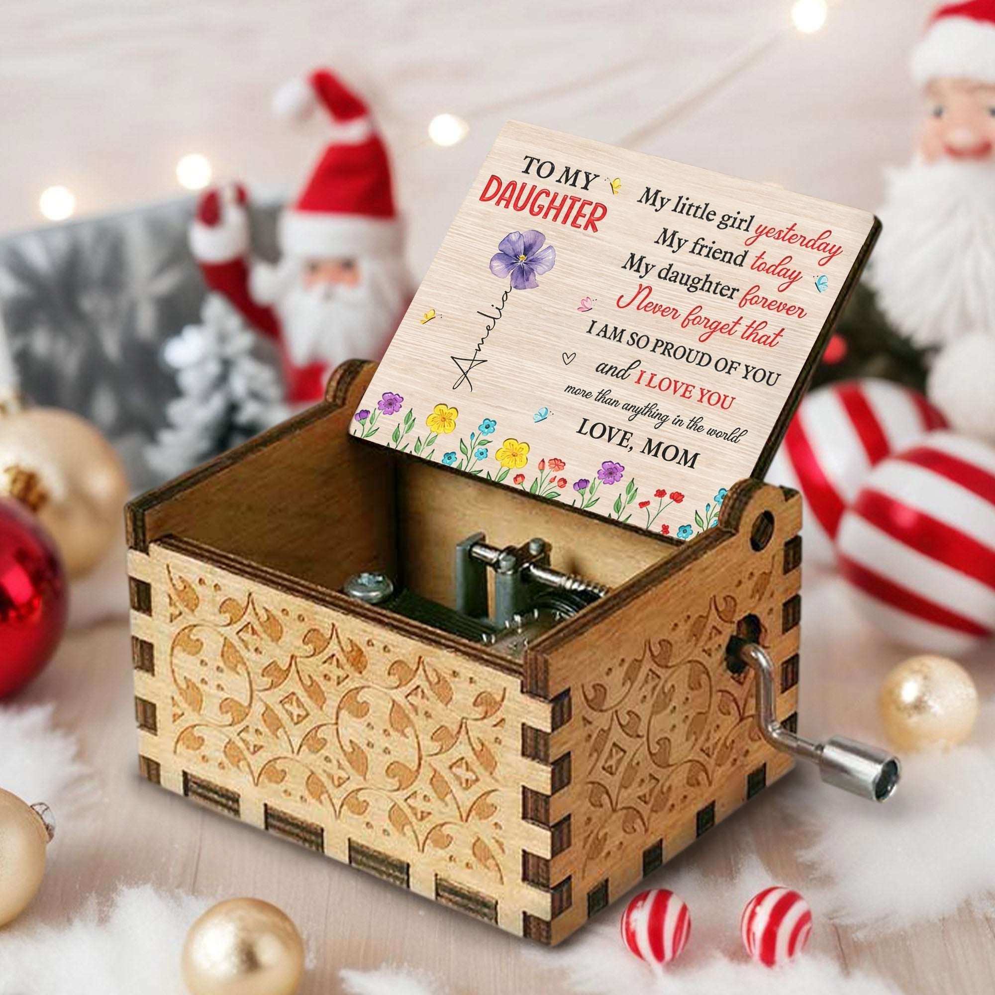 Custom Wooden Music Box with Birth Month Flowers for Daughter Music Box GradoCreations