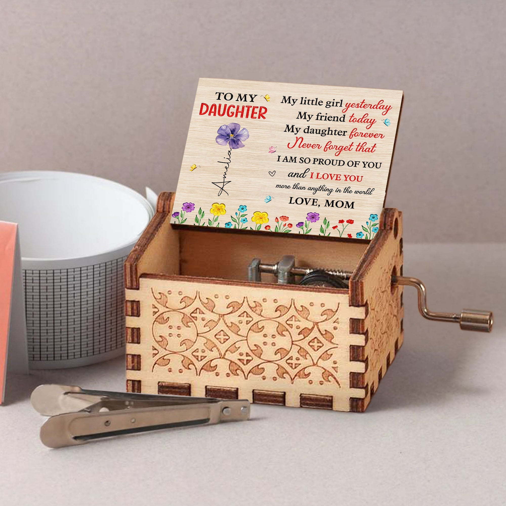 Custom Wooden Music Box with Birth Month Flowers for Daughter Music Box GradoCreations