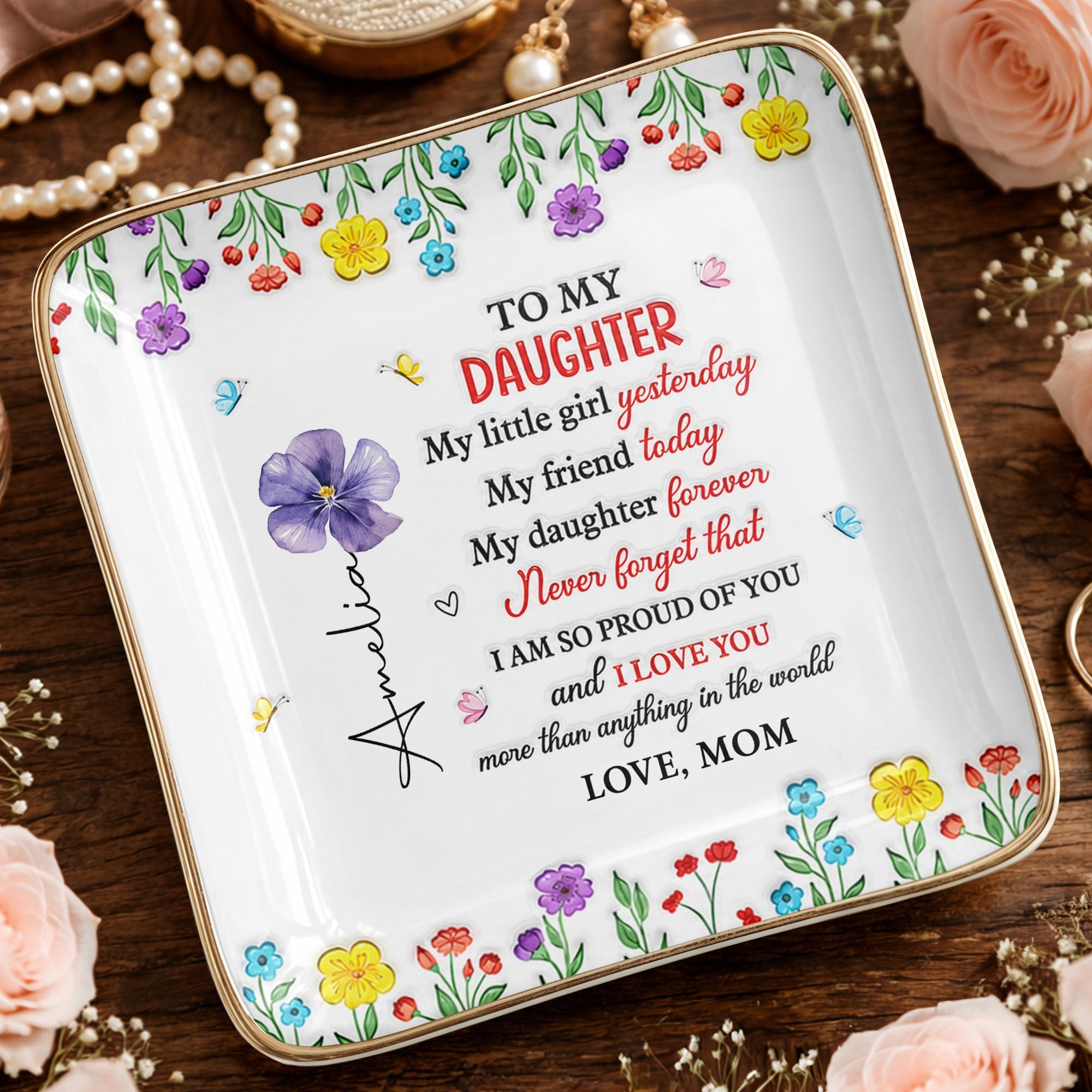 Personalized Ceramic Jewelry Dish Gift for Daughter - Floral Butterflies