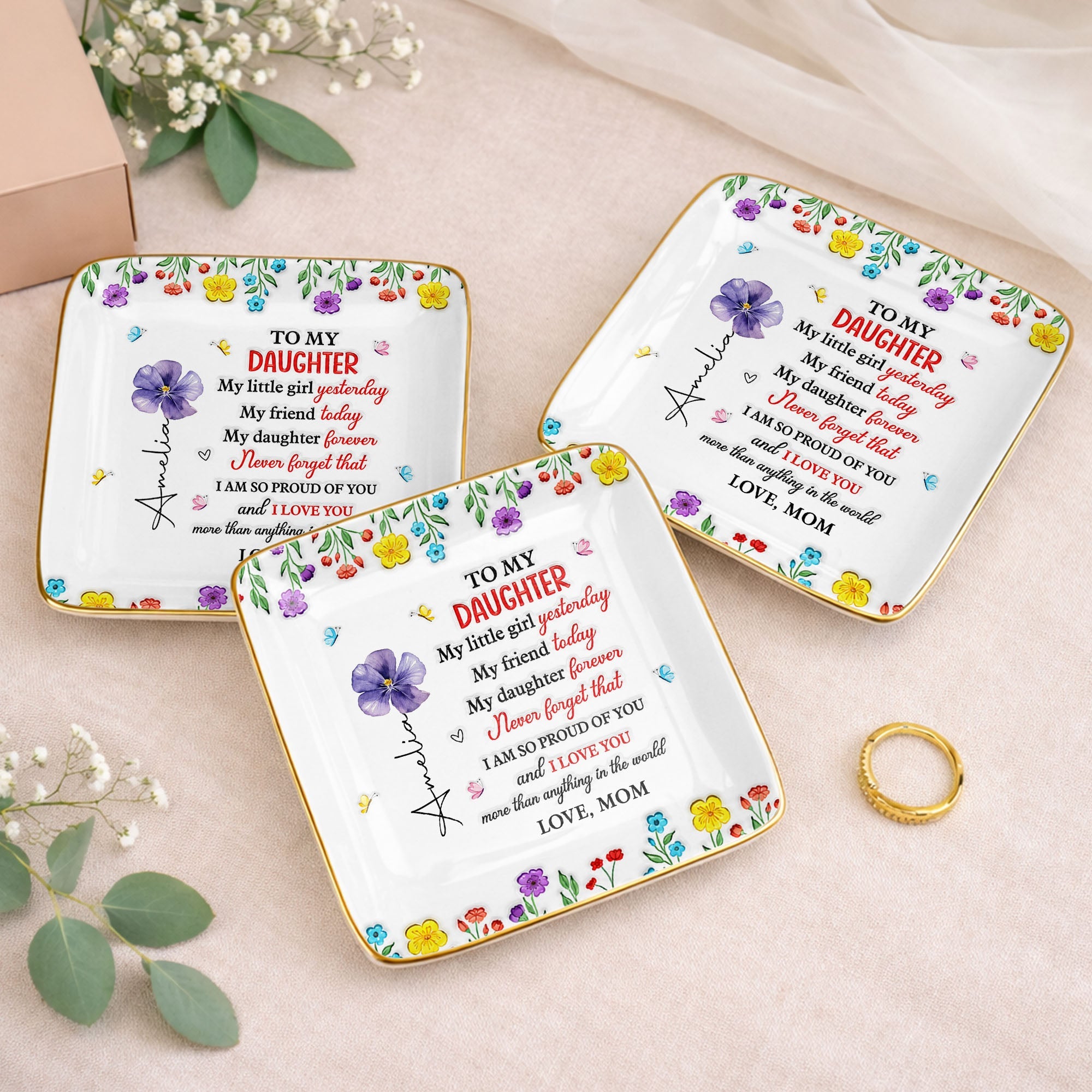 Personalized Ceramic Jewelry Dish Gift for Daughter - Floral Butterflies