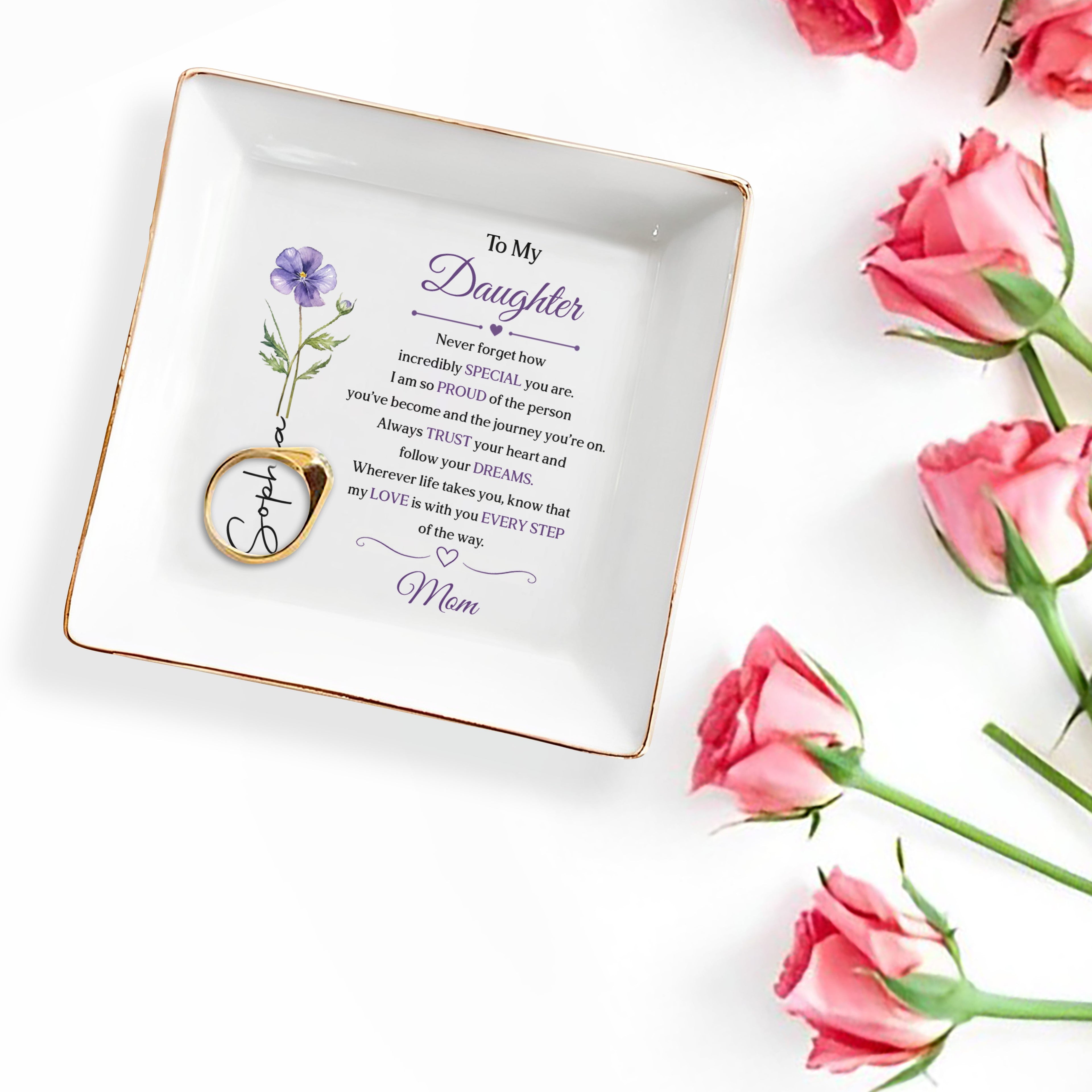 Personalized Purple Flower Jewelry Dish Custom Name Gift for Daughter Jewelry Dish GradoCreations