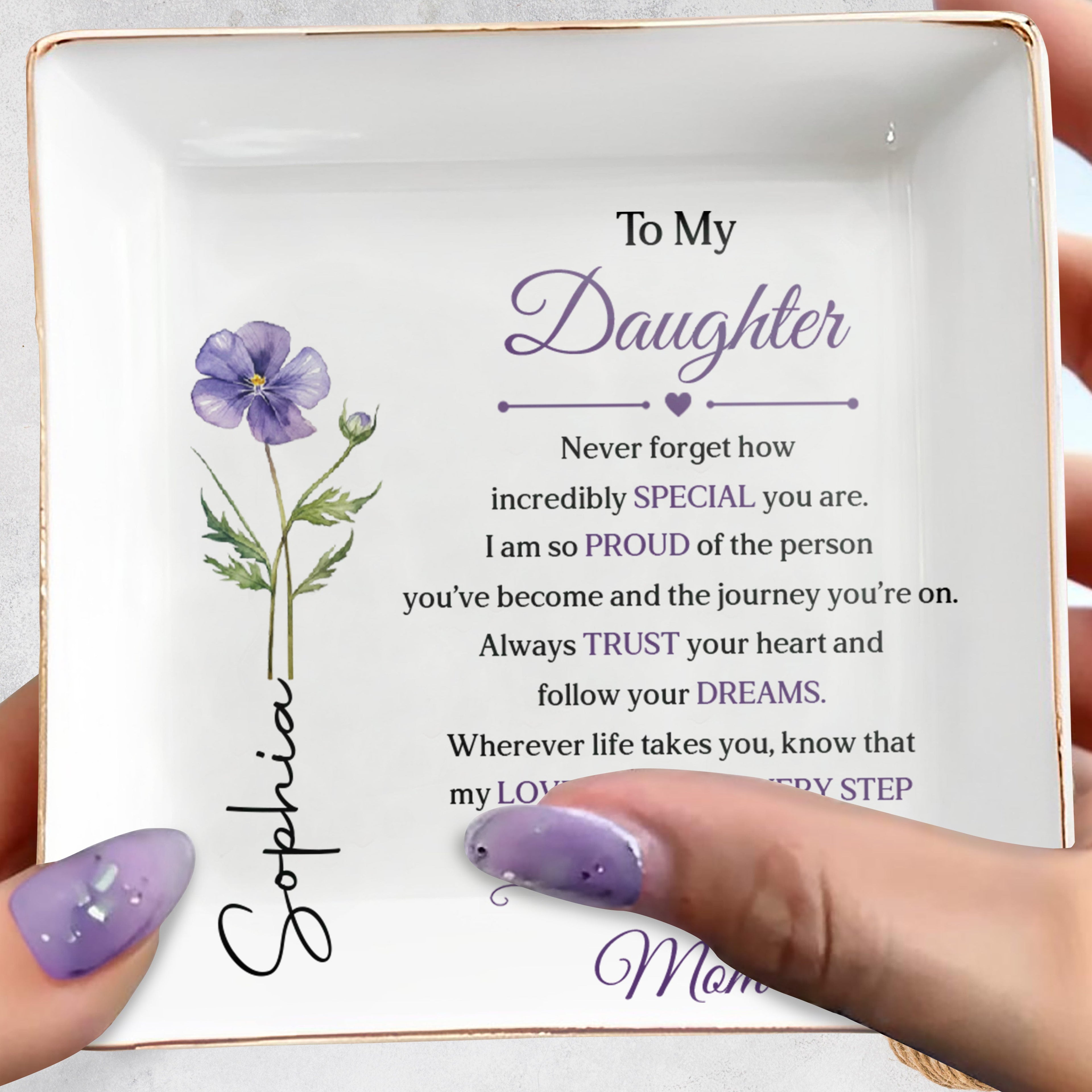 Personalized Purple Flower Jewelry Dish Custom Name Gift for Daughter Jewelry Dish GradoCreations