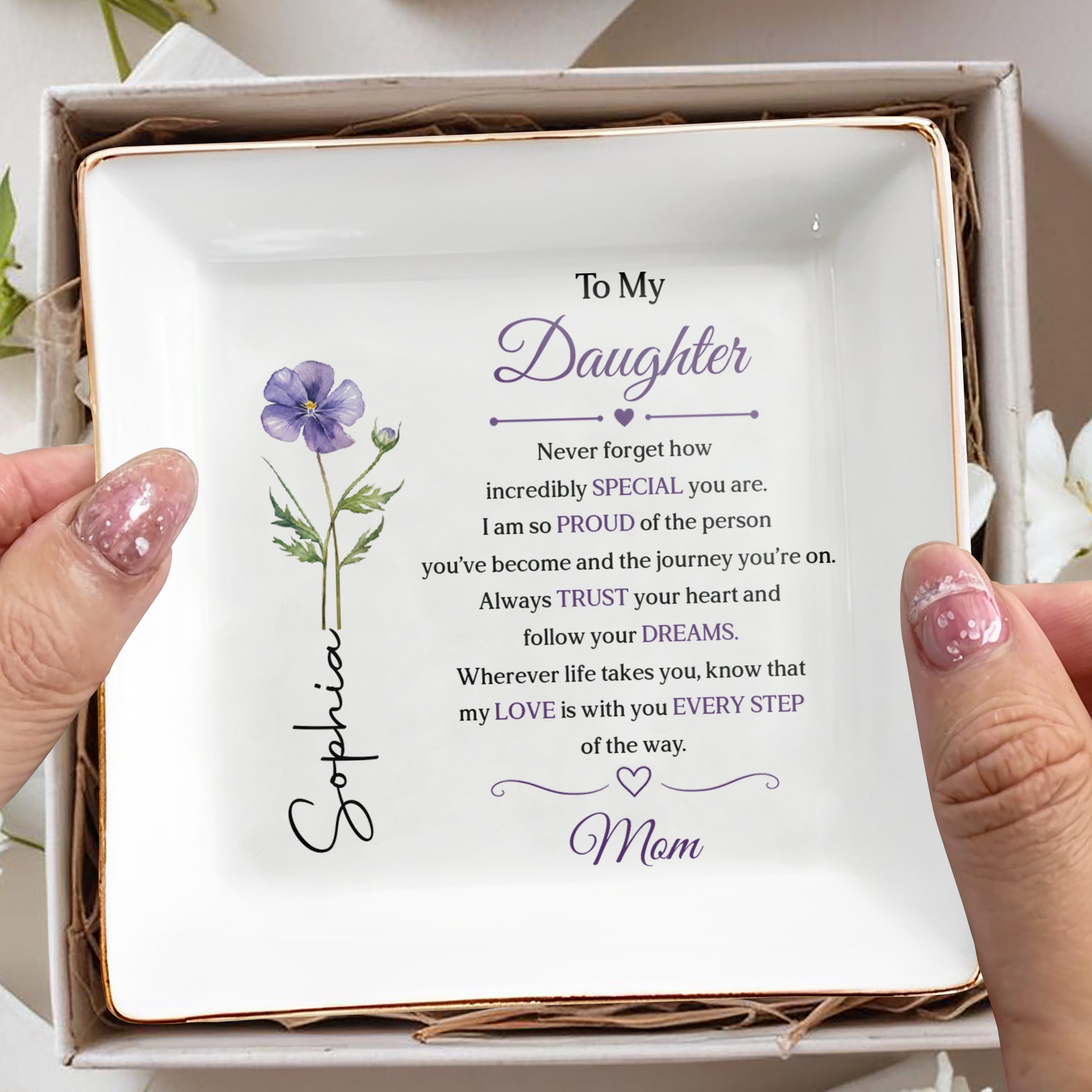 Personalized Purple Flower Jewelry Dish Custom Name Gift for Daughter Jewelry Dish GradoCreations