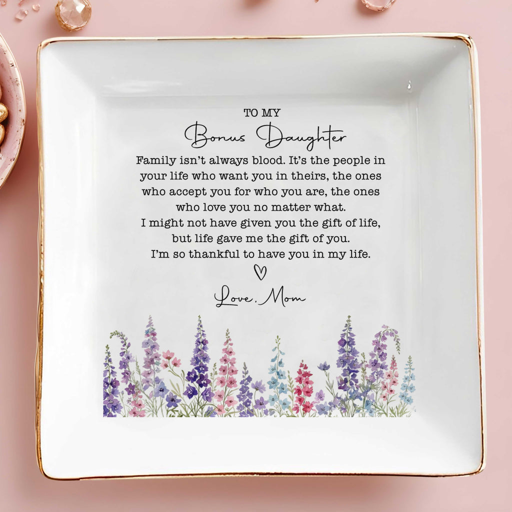 Personalized Floral Heart Jewelry Dish Custom Gift for Bonus Daughter