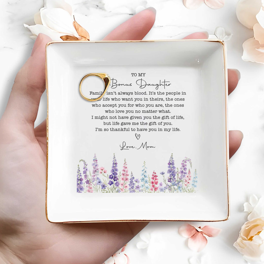 Personalized Floral Heart Jewelry Dish Custom Gift for Bonus Daughter