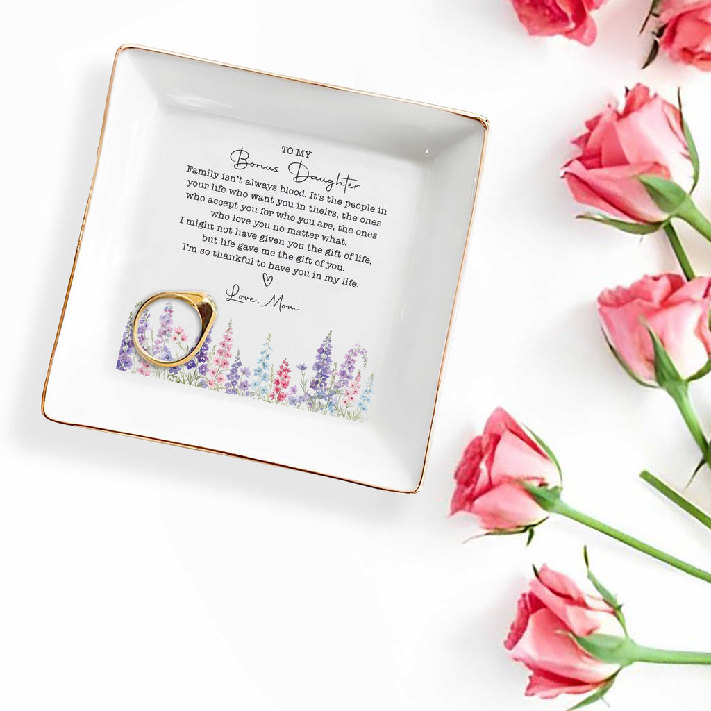 Personalized Floral Heart Jewelry Dish Custom Gift for Bonus Daughter