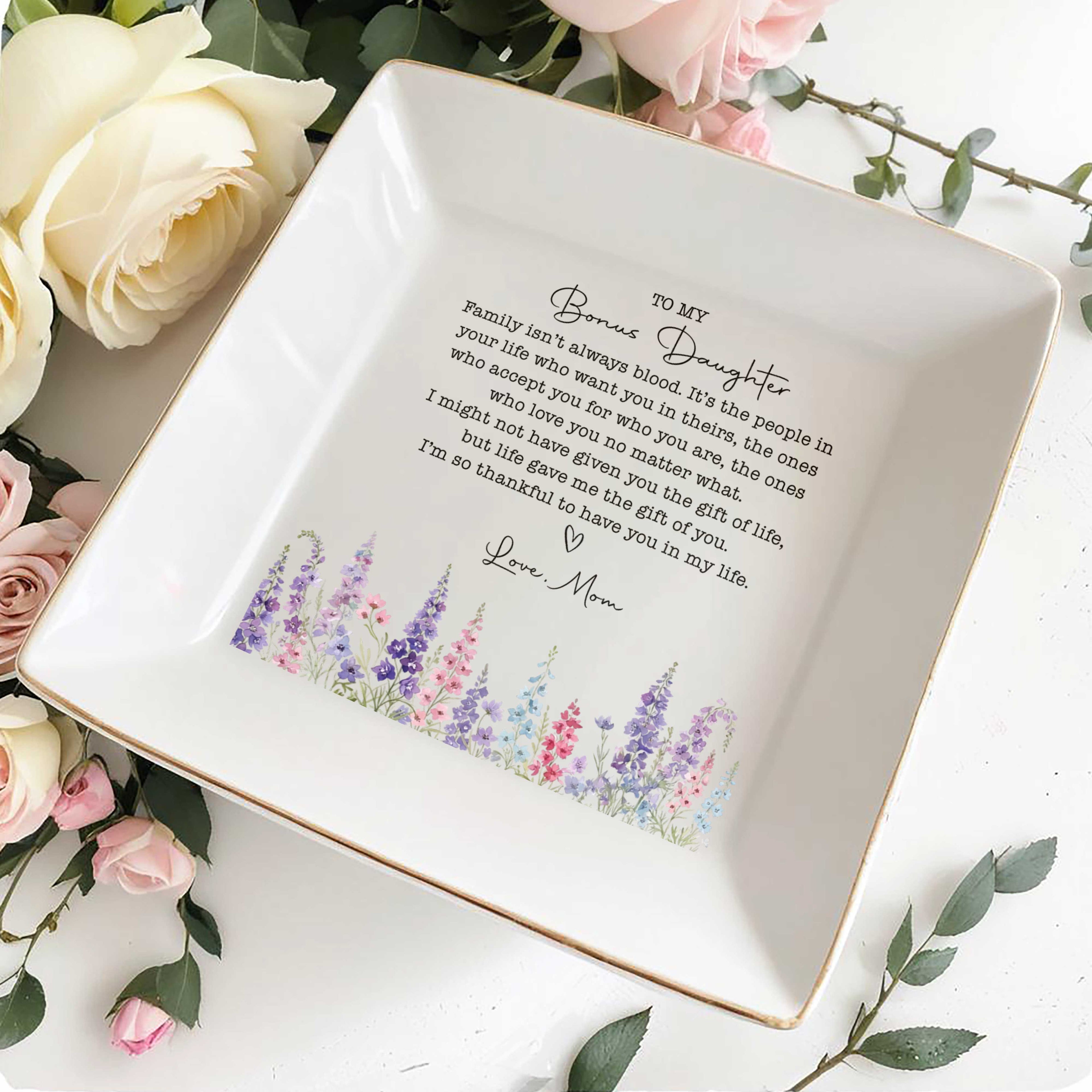 Personalized Floral Heart Jewelry Dish Custom Gift for Bonus Daughter