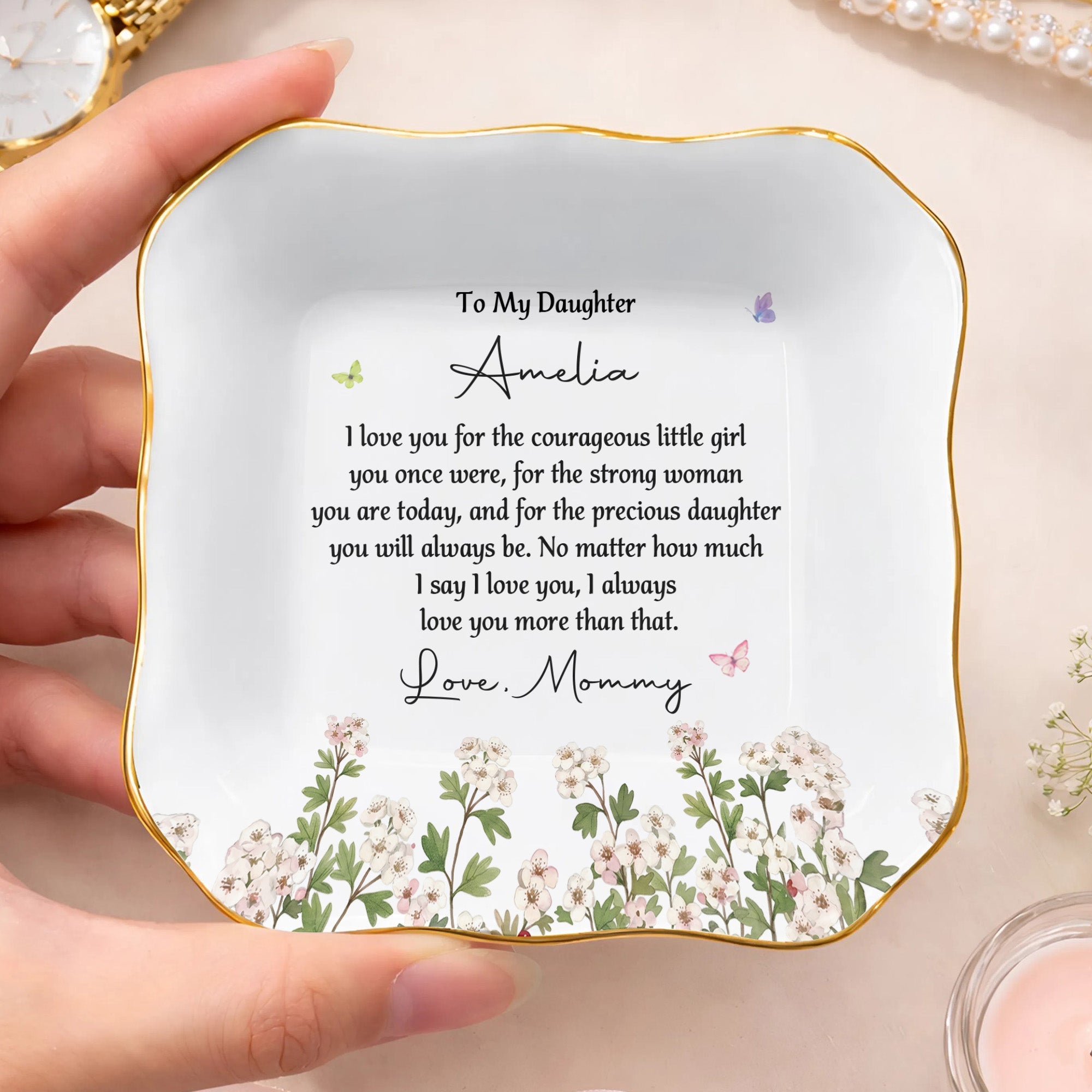 Personalized Lace Jewelry Dish Custom Name Gift for Daughter Lace Square Jewelry Dish GradoCreations