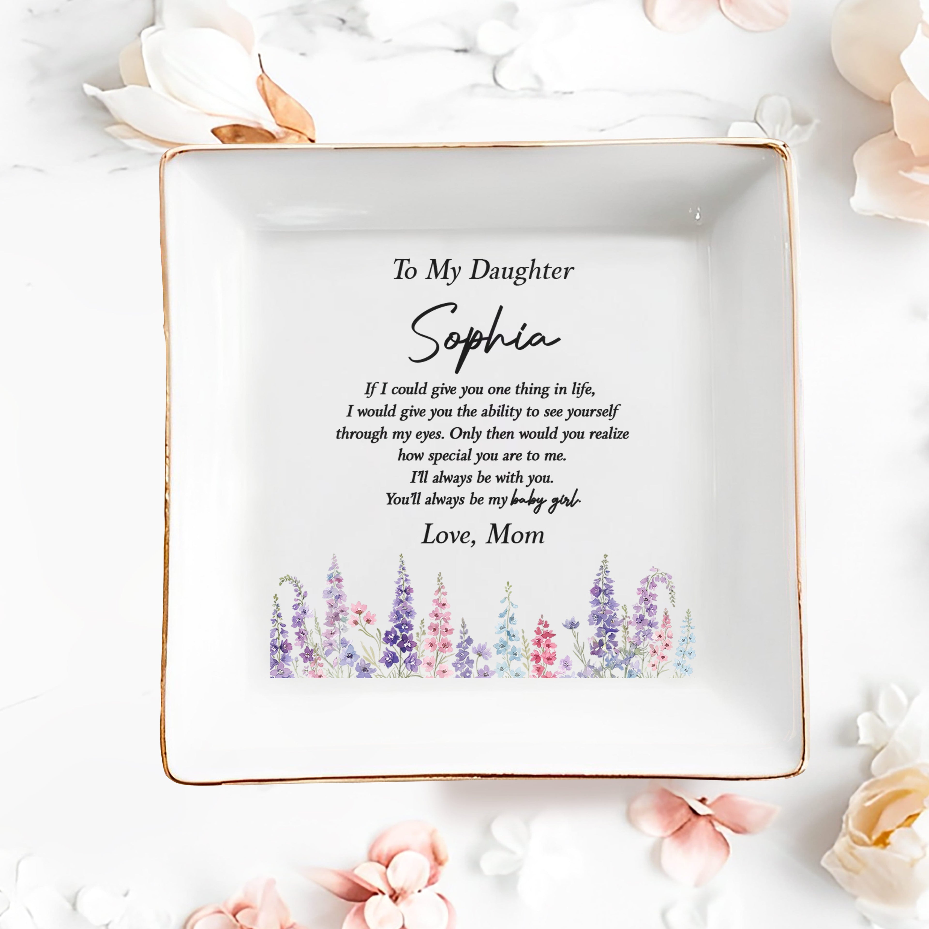 Personalized Floral Ceramic Jewelry Dish Custom Gift for Daughter