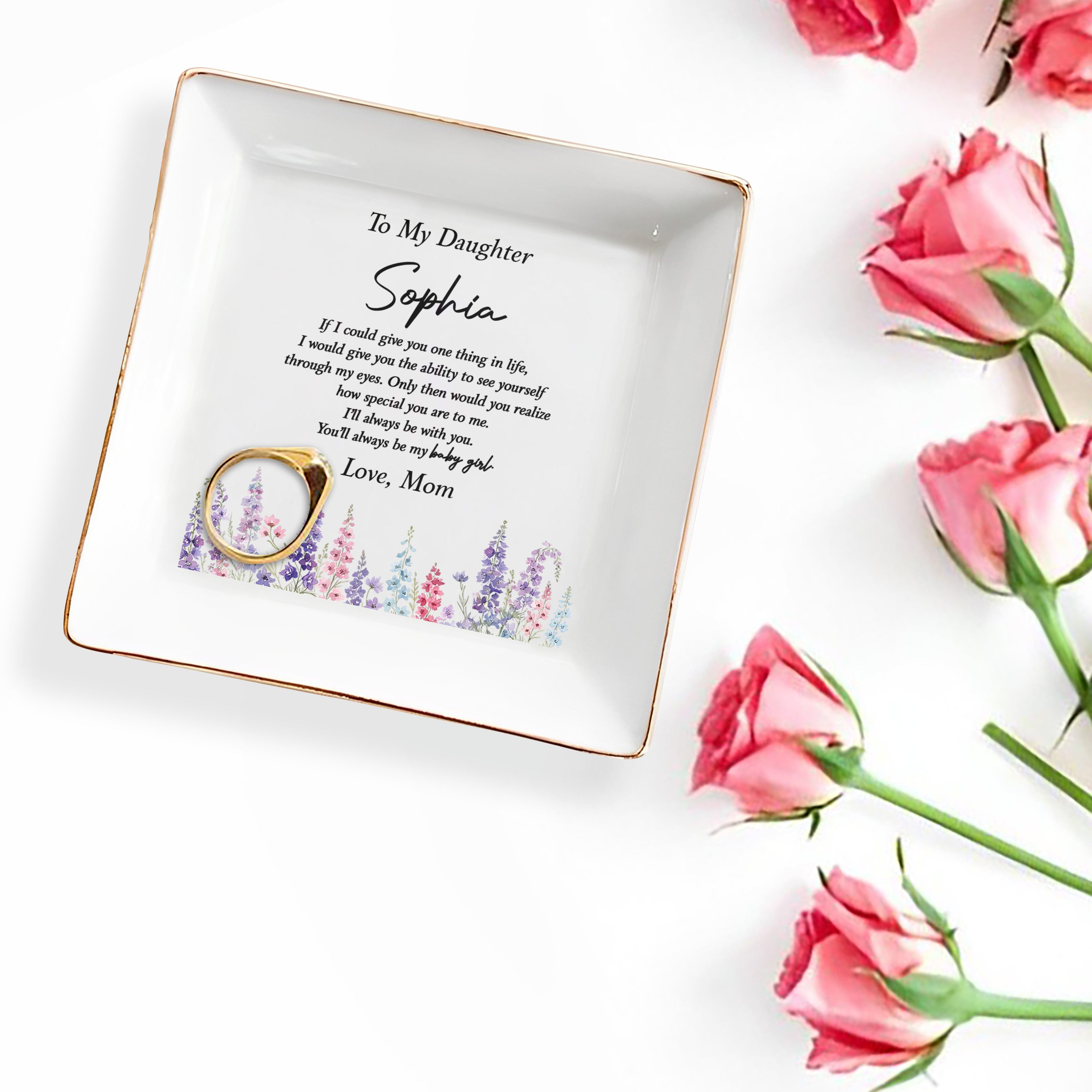 Personalized Floral Ceramic Jewelry Dish Custom Gift for Daughter