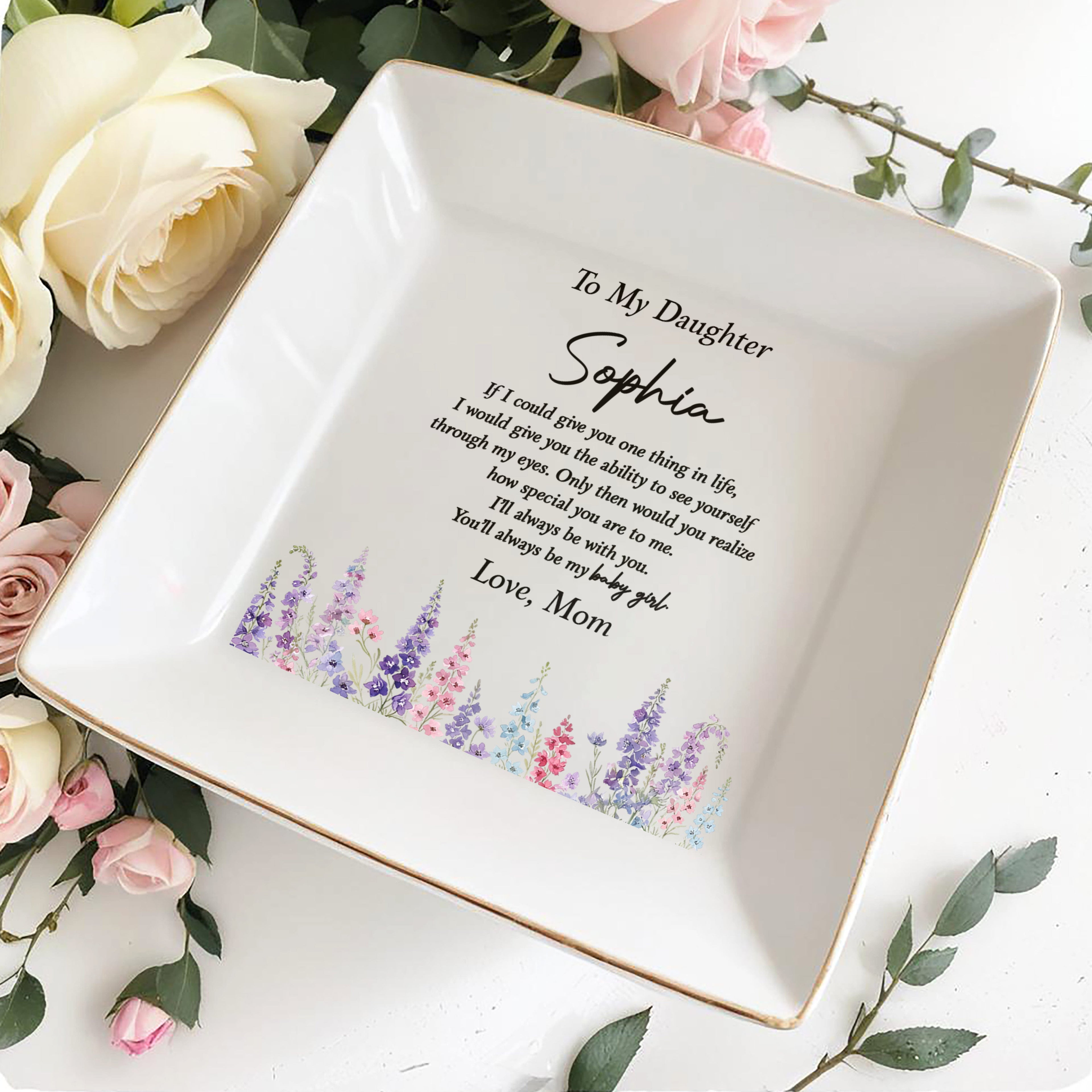 Personalized Floral Ceramic Jewelry Dish Custom Gift for Daughter