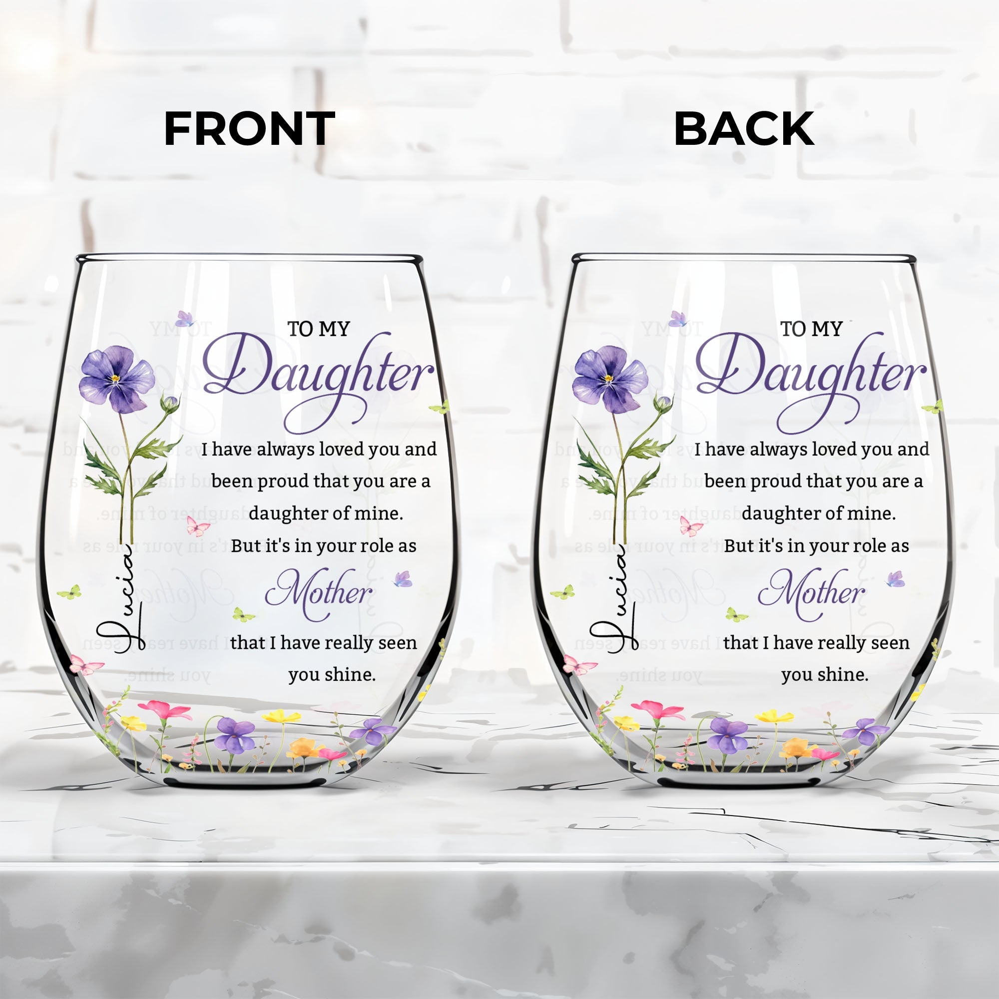Personalized Stemless Wine Glass Custom Birth Month Flowers Gift for Daughter Wine Glasses GradoCreations