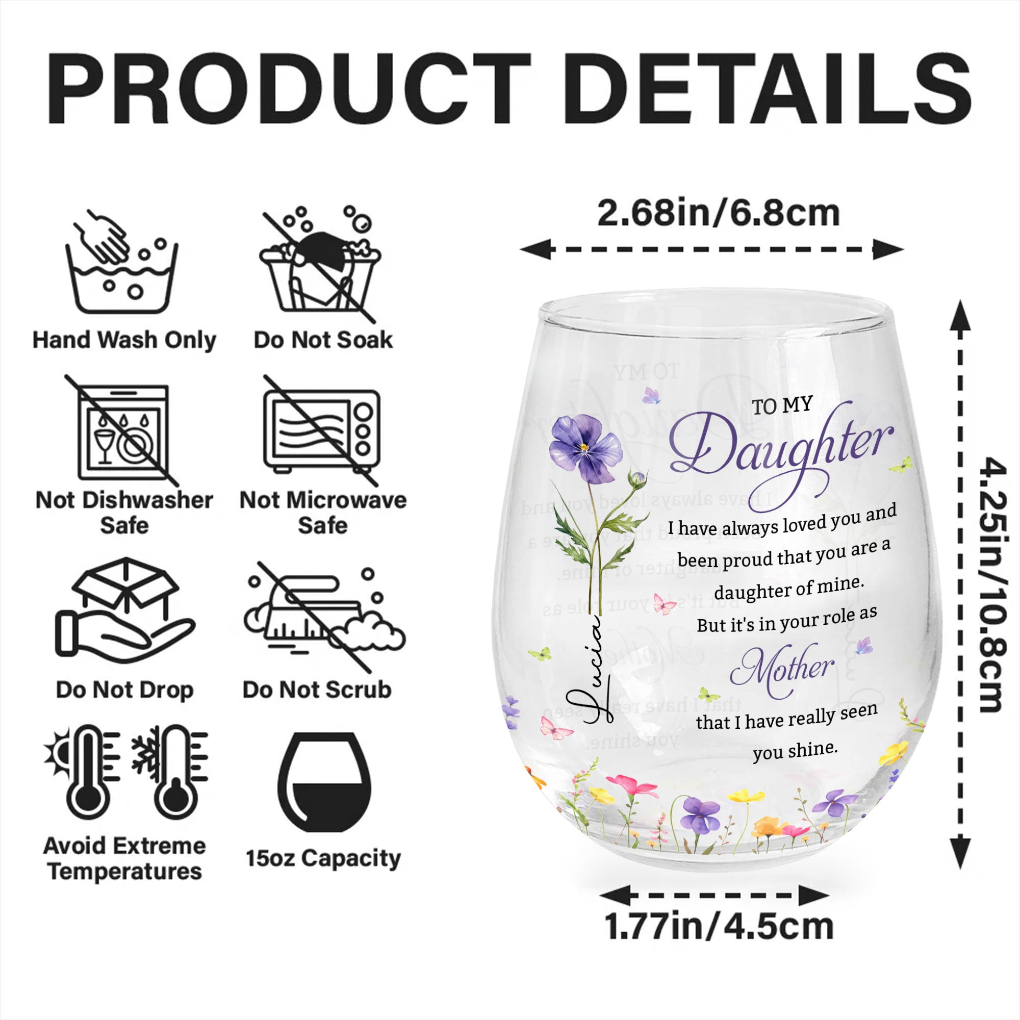 Personalized Stemless Wine Glass Custom Birth Month Flowers Gift for Daughter Wine Glasses GradoCreations