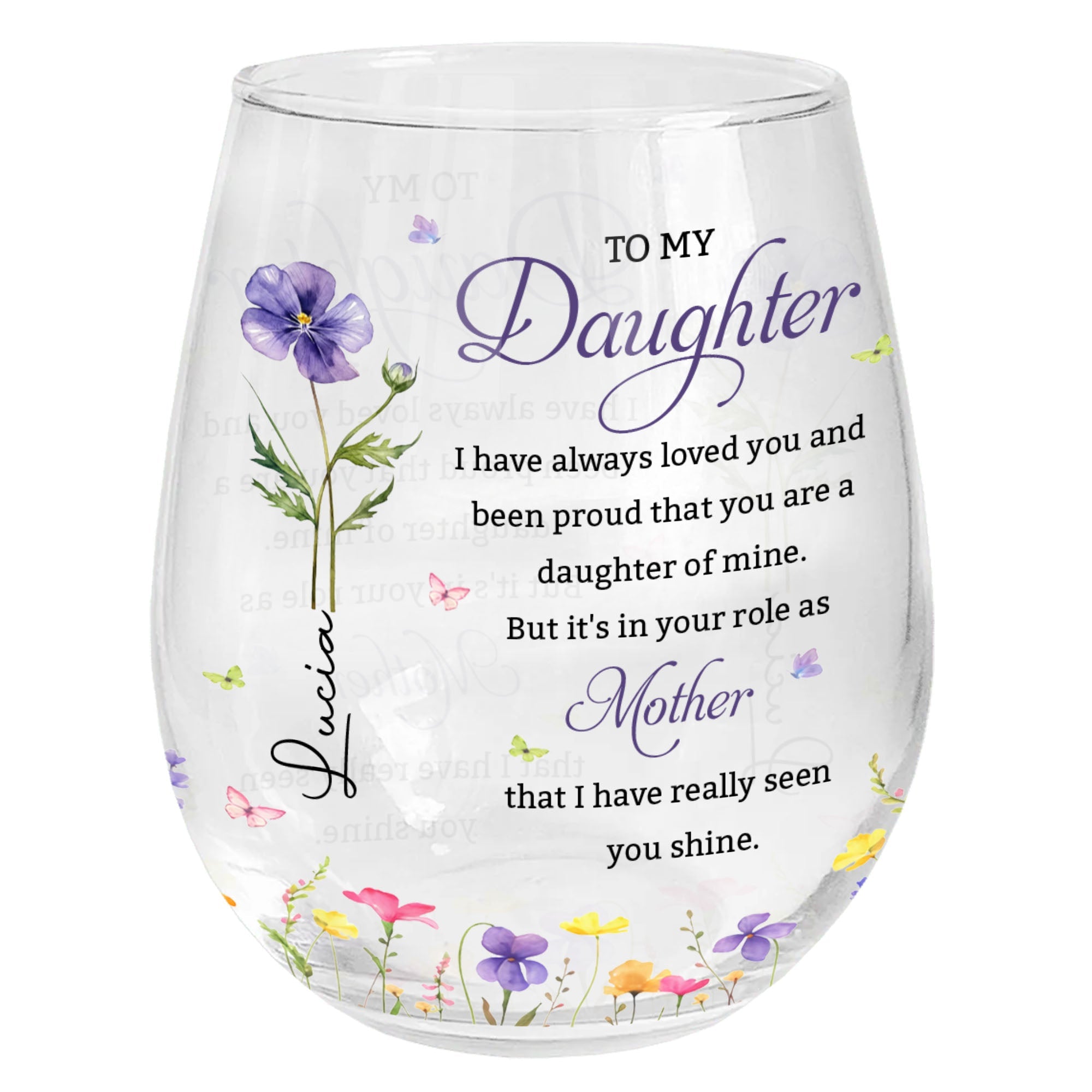 Personalized Stemless Wine Glass Custom Birth Month Flowers Gift for Daughter Wine Glasses GradoCreations