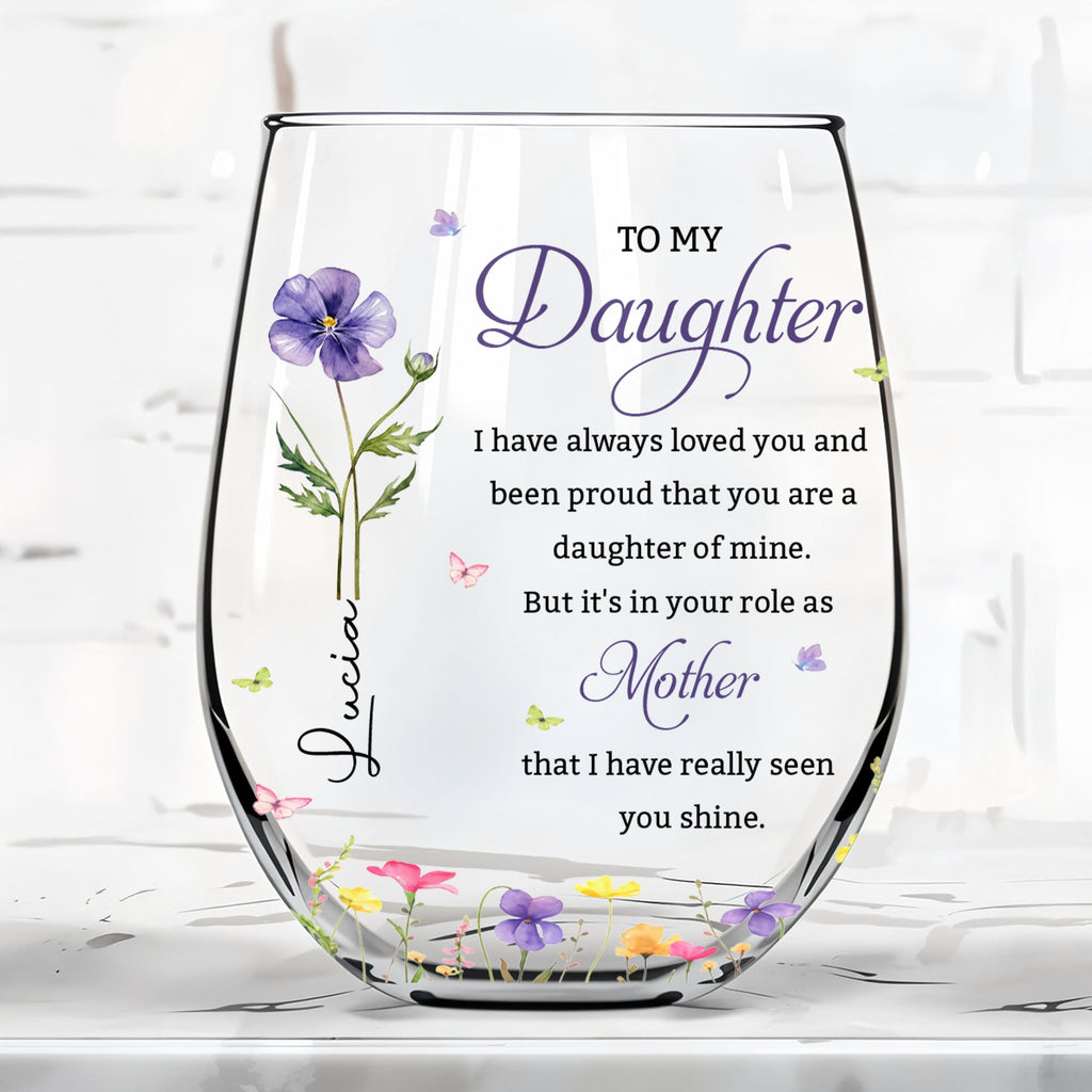 Personalized Stemless Wine Glass Custom Birth Month Flowers Gift for Daughter Wine Glasses GradoCreations
