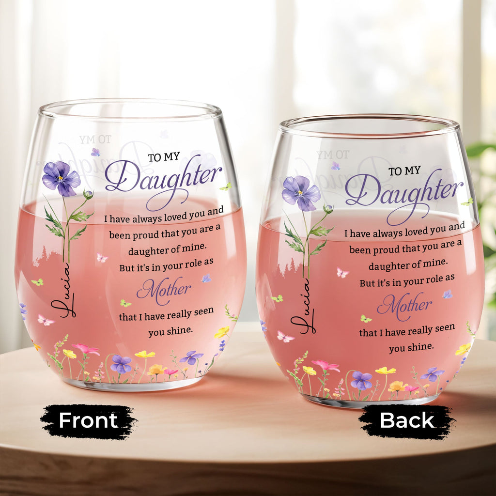 Personalized Stemless Wine Glass Custom Birth Month Flowers Gift for Daughter Wine Glasses GradoCreations