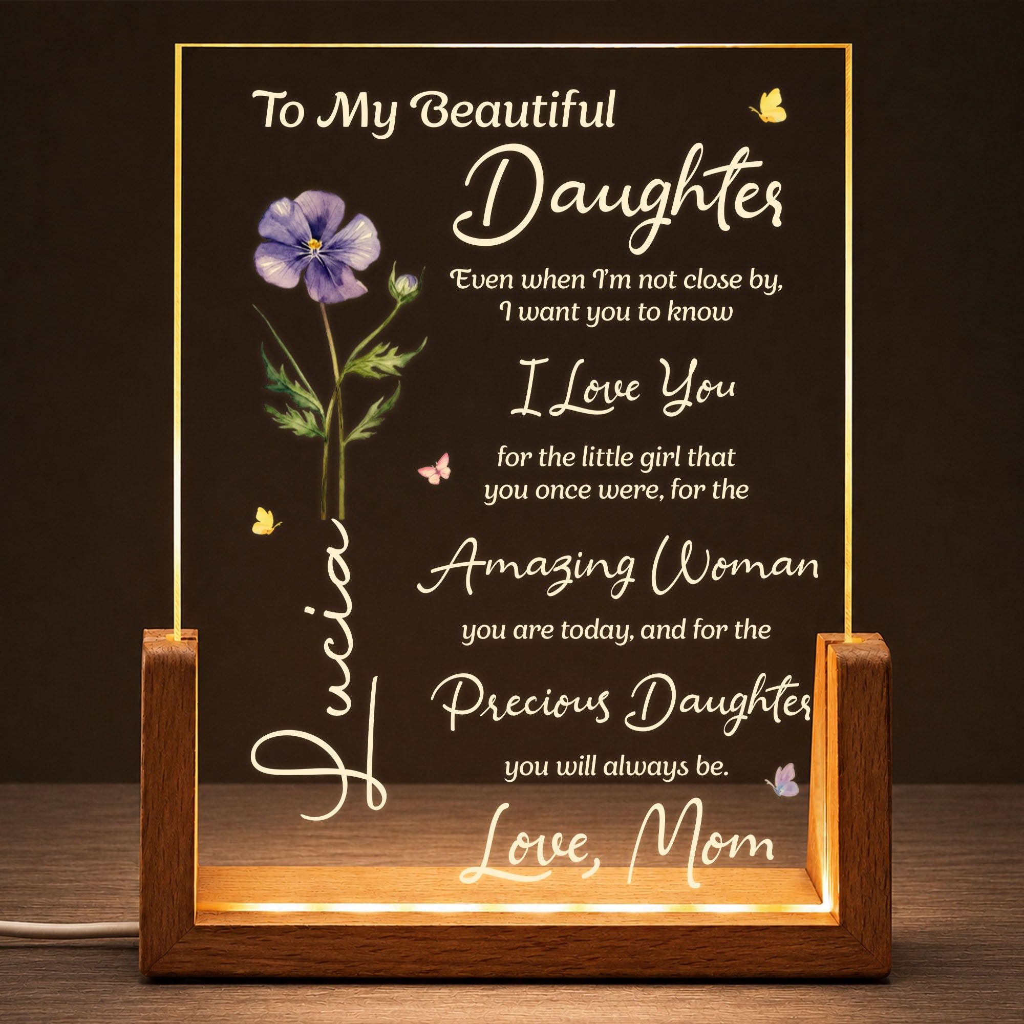 Personalized Custom Night Light for Daughter with Wooden Base Wood and Acrylic Night Light GradoCreations