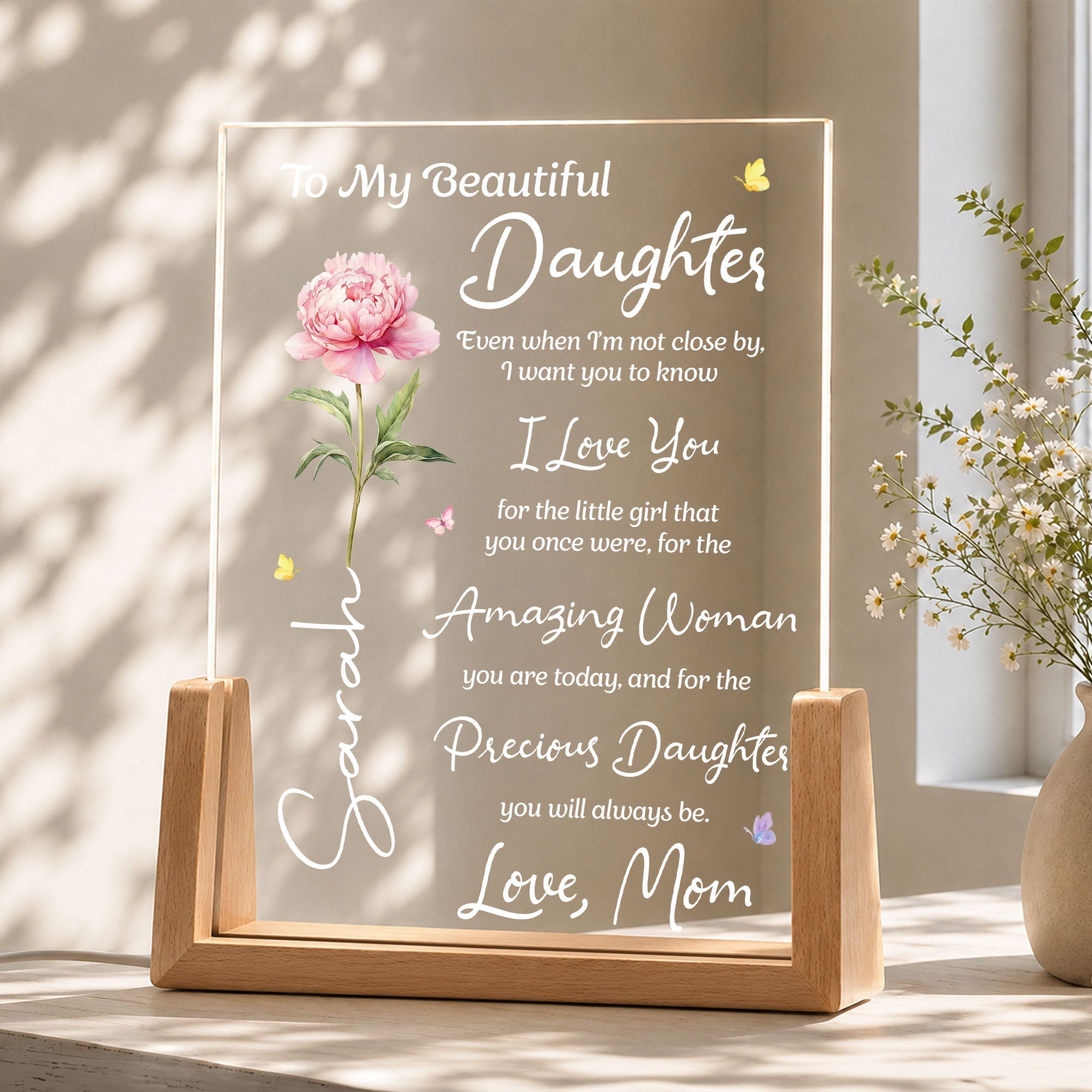 Personalized Custom Night Light for Daughter with Wooden Base Wood and Acrylic Night Light GradoCreations