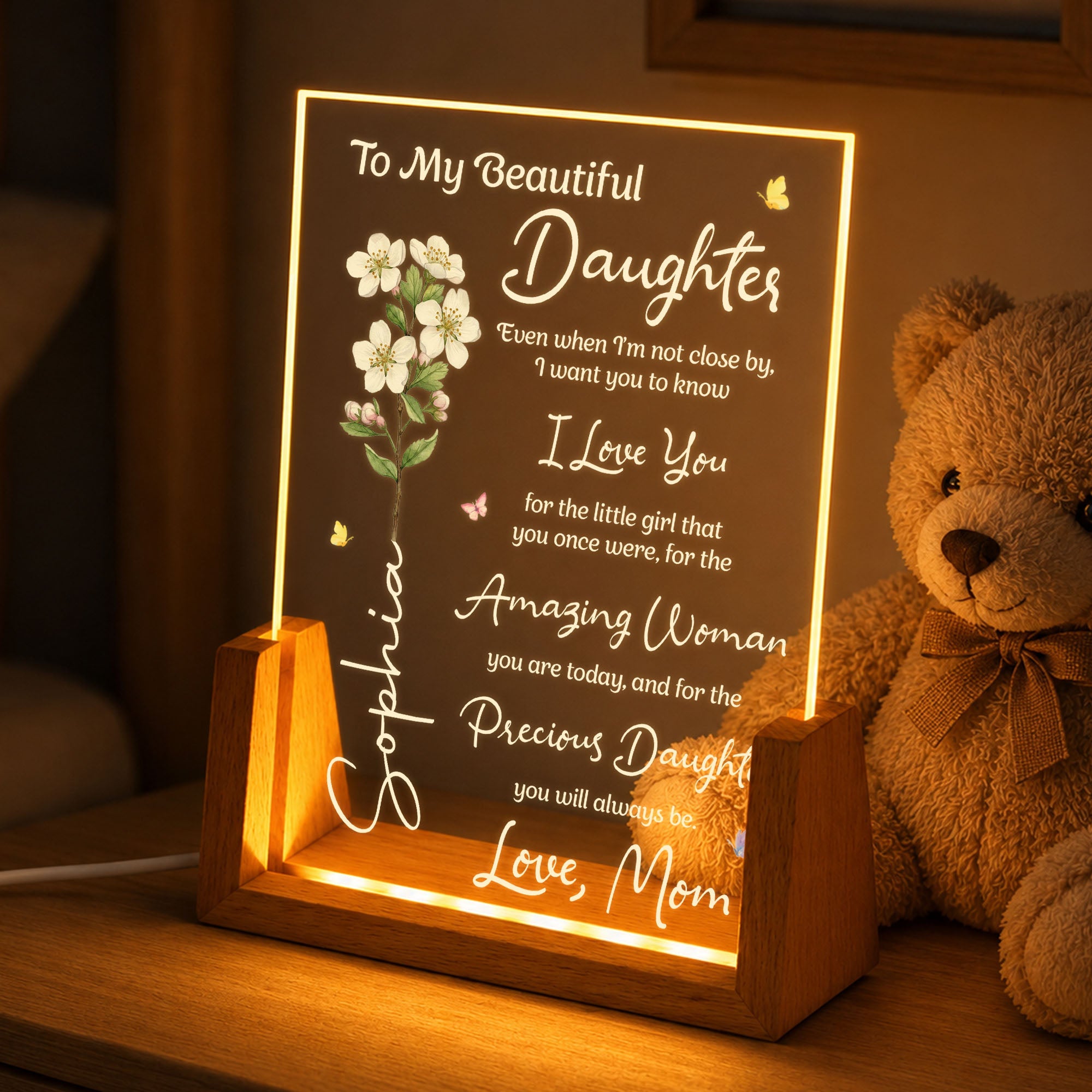 Personalized Custom Night Light for Daughter with Wooden Base Wood and Acrylic Night Light GradoCreations