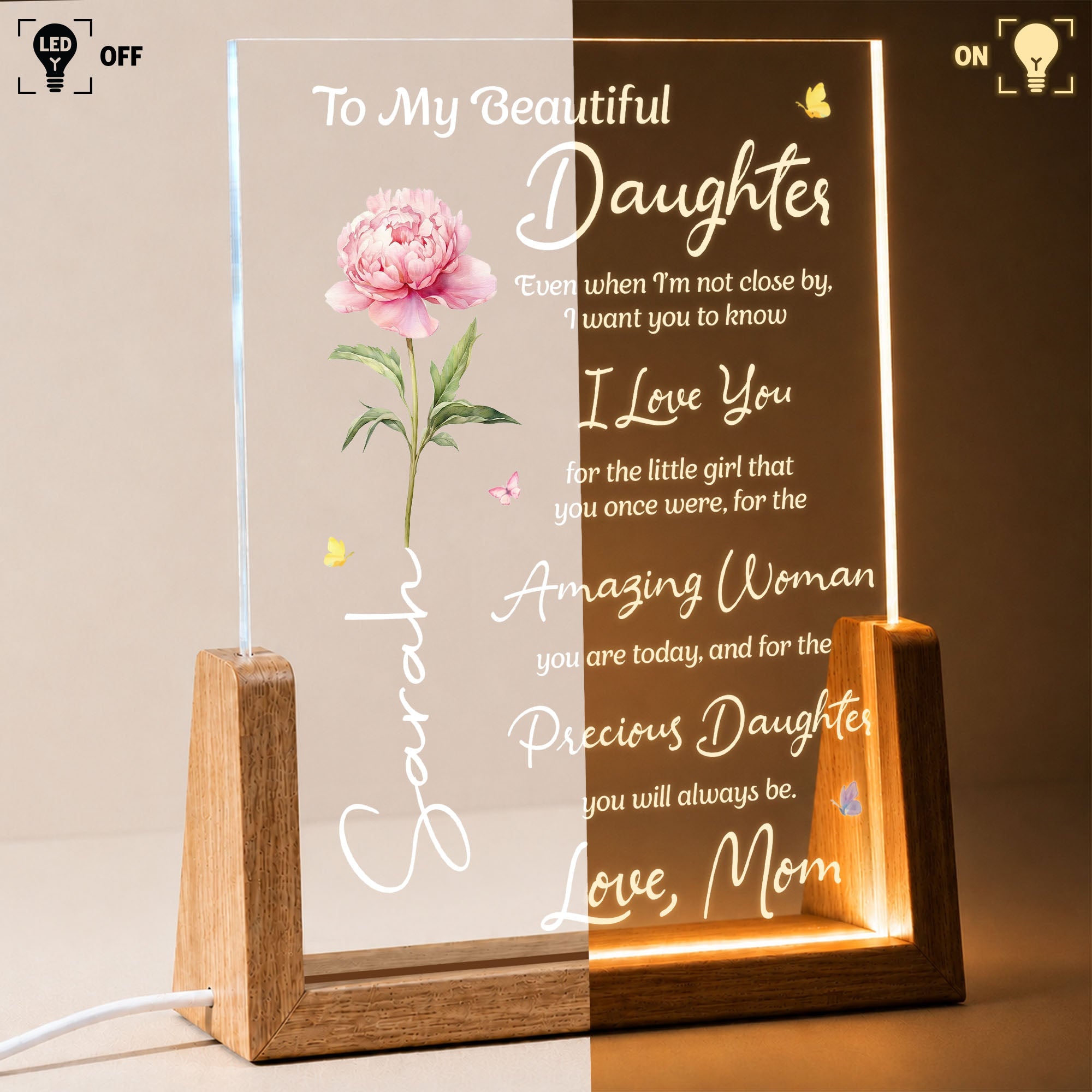 Personalized Custom Night Light for Daughter with Wooden Base Wood and Acrylic Night Light GradoCreations
