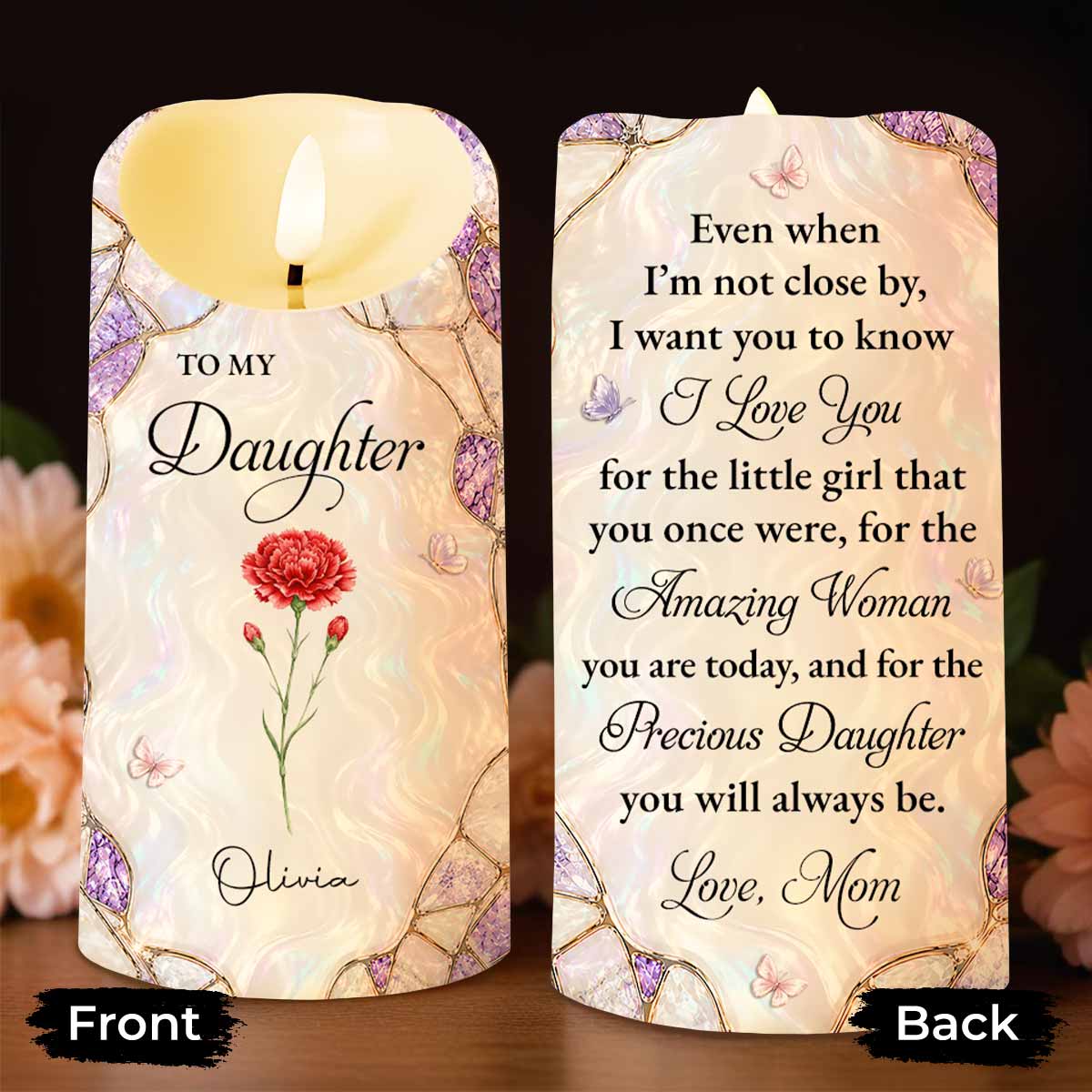 Personalized LED Candle Custom Flower Gift for Daughter LED Candle GradoCreations