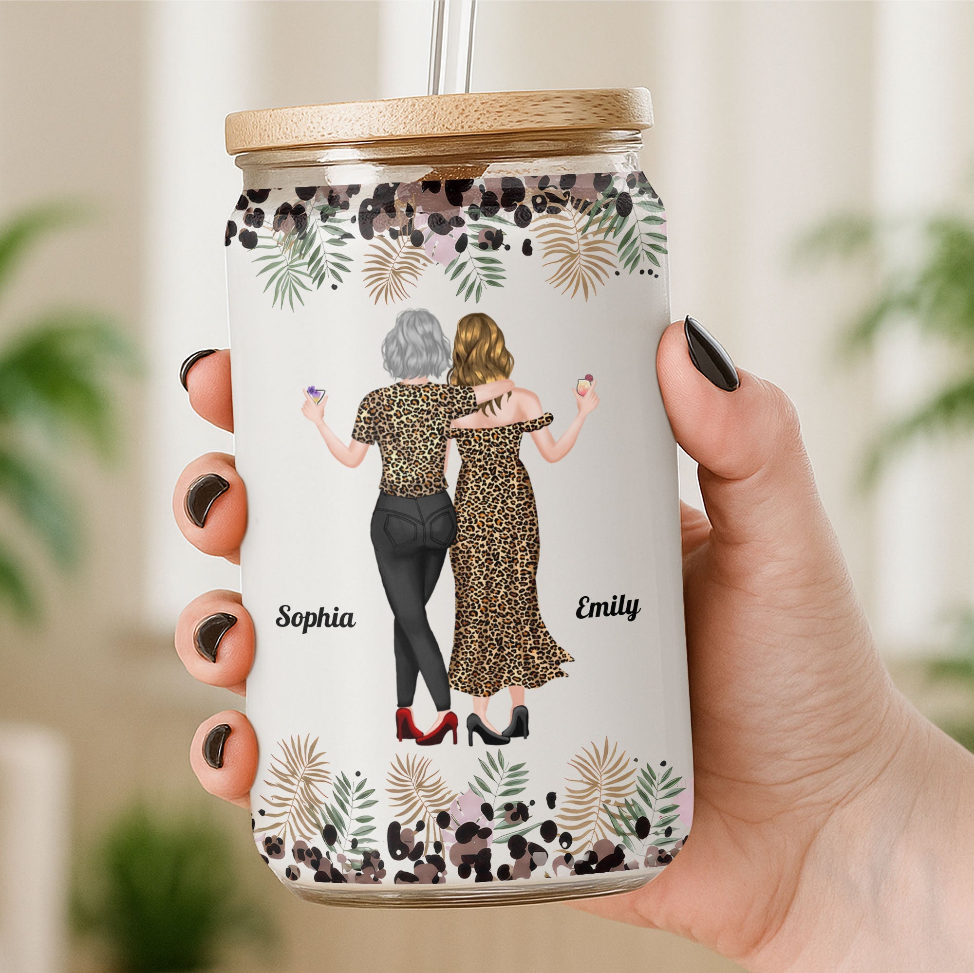Personalized Clear Glass Can with Leopard Print for Daughter Clear Glass Can GradoCreations