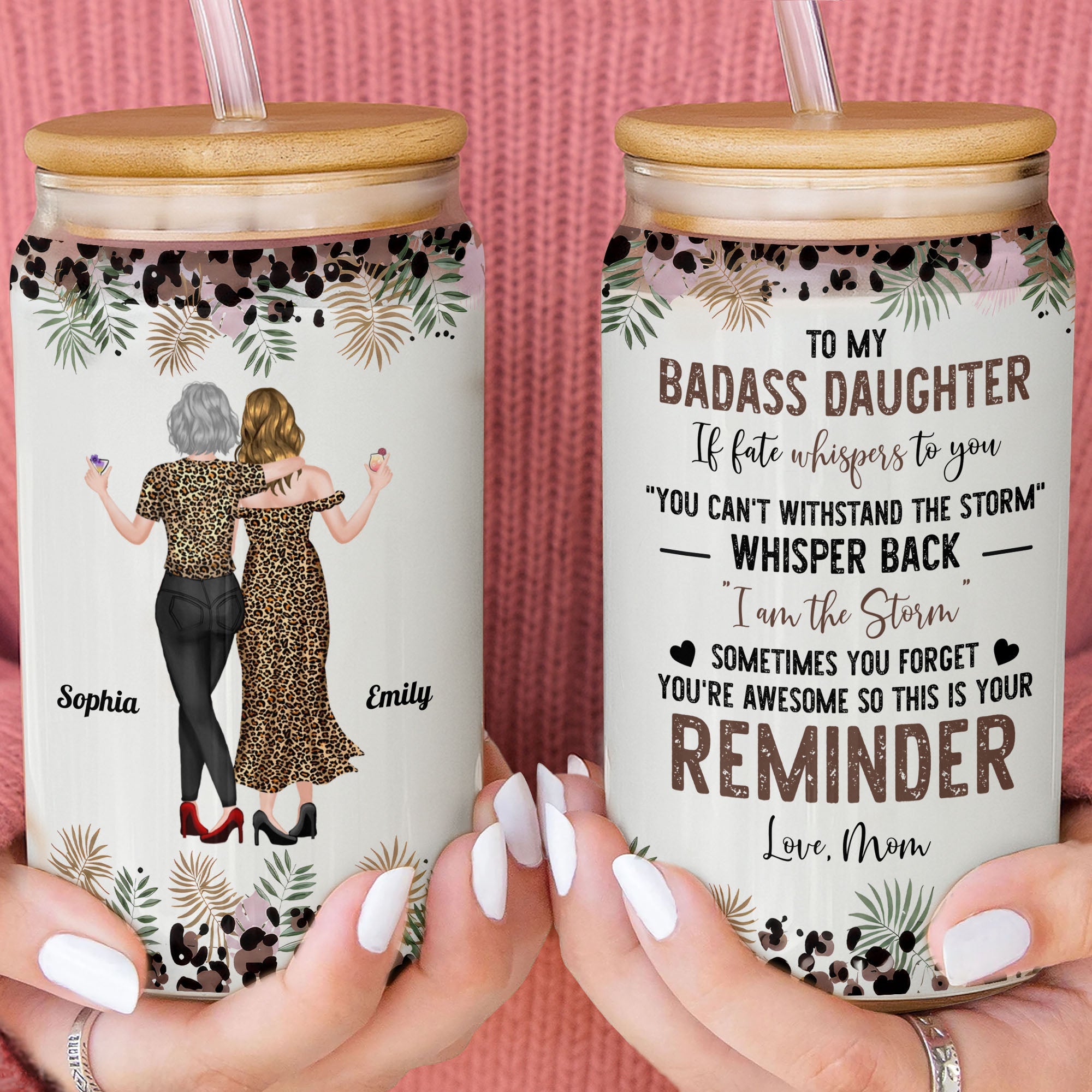 Personalized Clear Glass Can with Leopard Print for Daughter Clear Glass Can GradoCreations