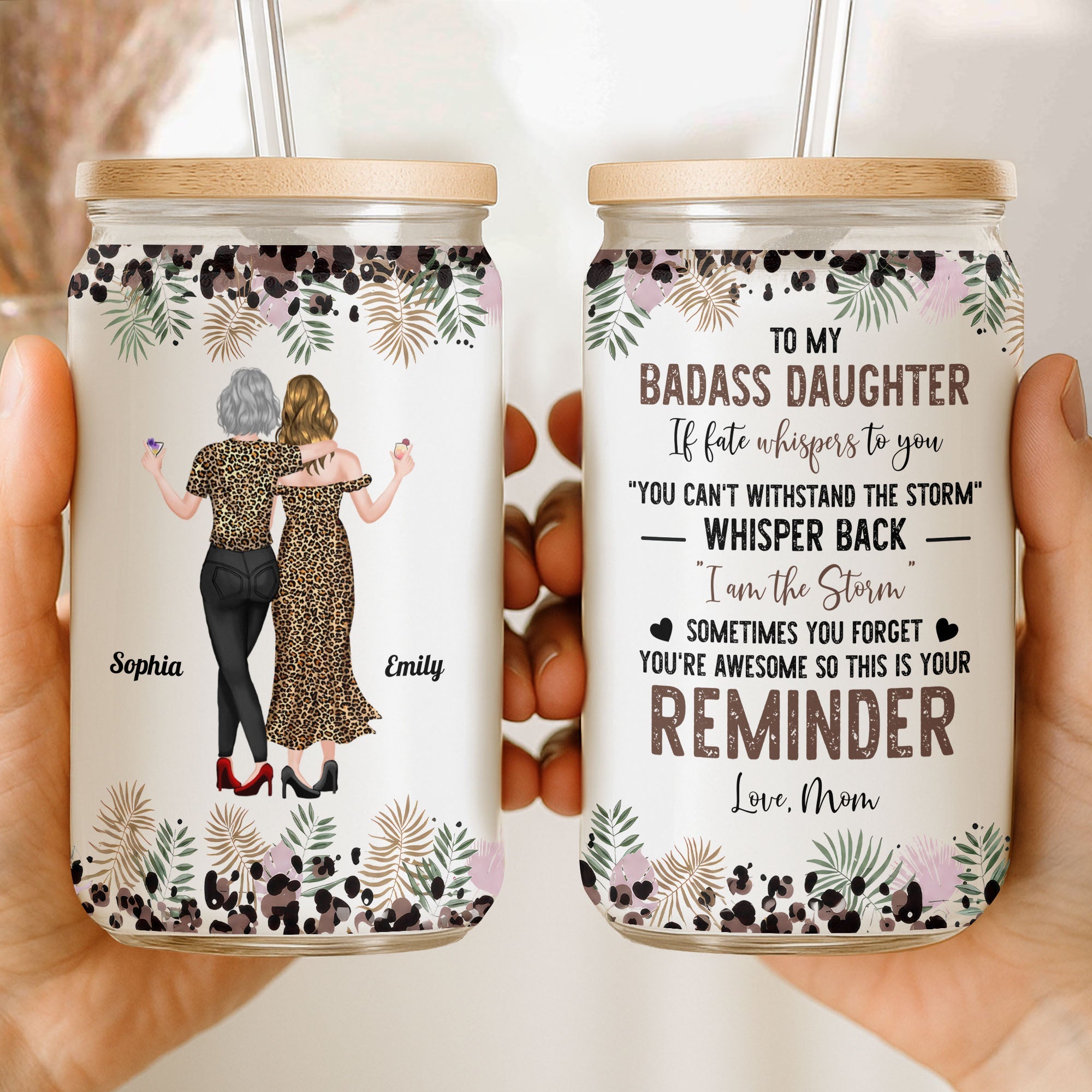 Personalized Clear Glass Can with Leopard Print for Daughter Clear Glass Can GradoCreations