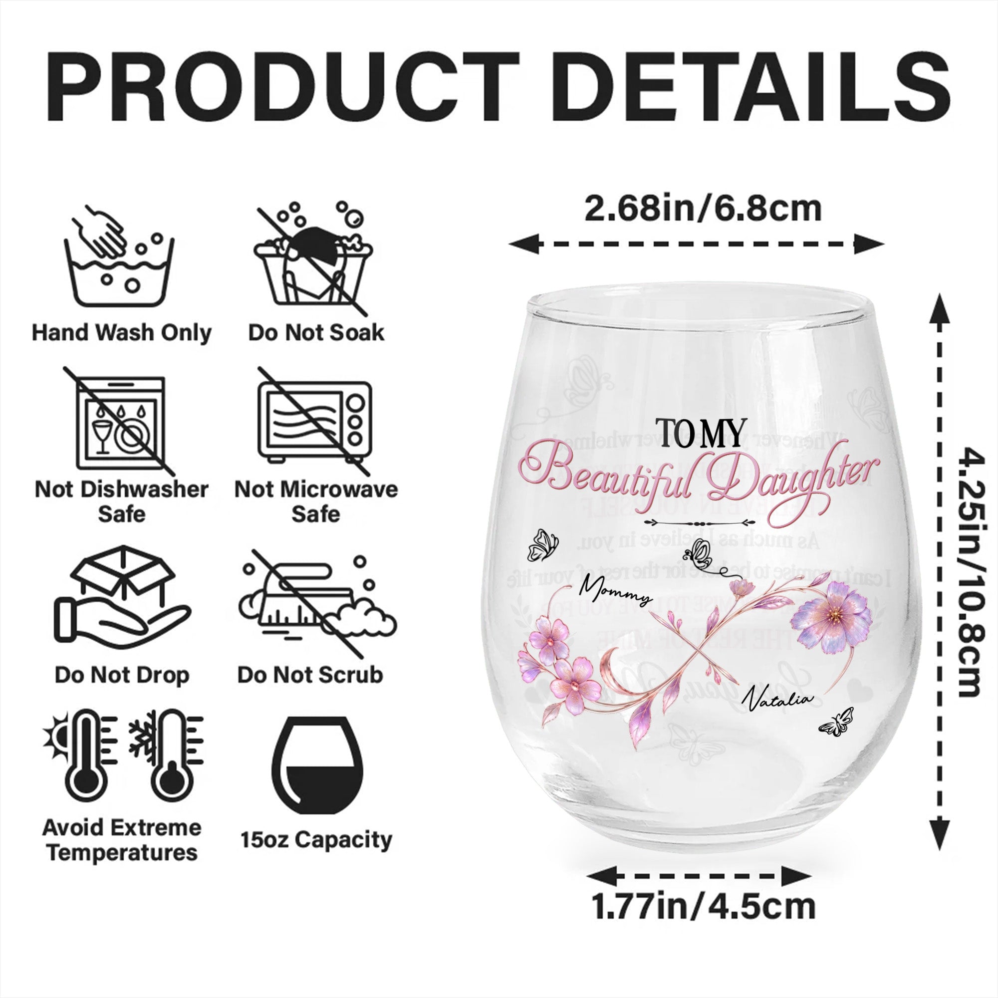 Personalized Stemless Wine Glass Custom Name Gift for Daughter Wine Glasses GradoCreations