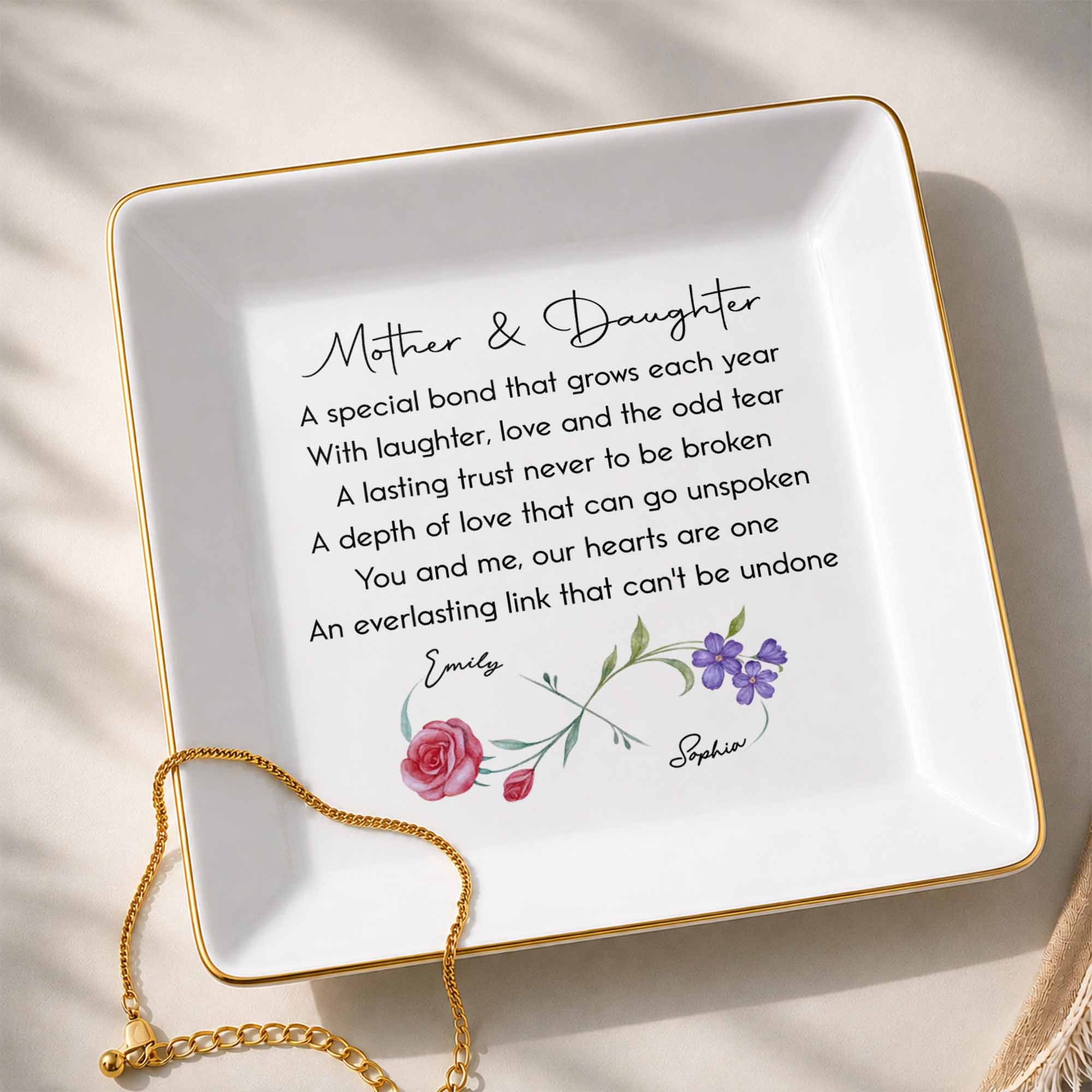 Personalized Infinity Birth Flowers Jewelry Dish Custom Gift for Mom or Daughter