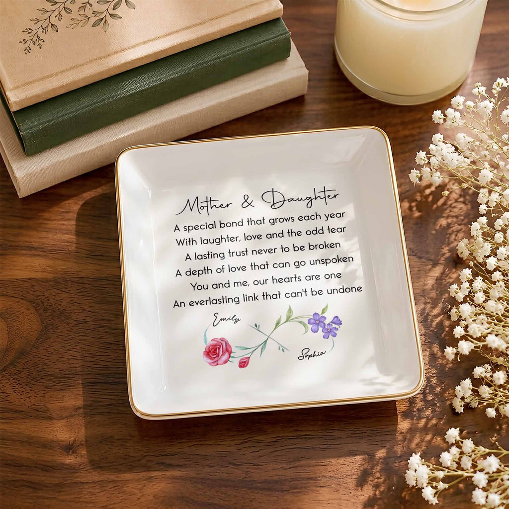 Personalized Infinity Birth Flowers Jewelry Dish Custom Gift for Mom or Daughter