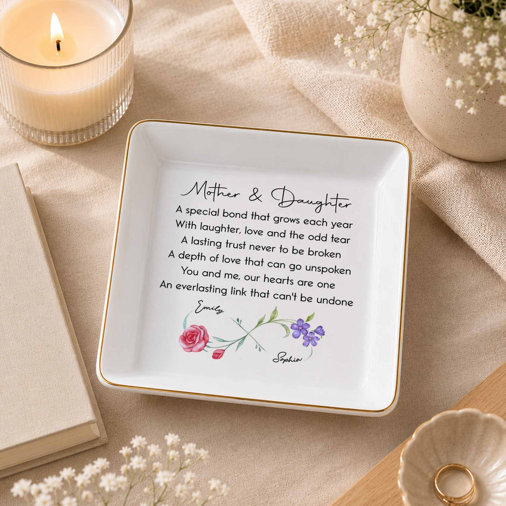 Personalized Infinity Birth Flowers Jewelry Dish Custom Gift for Mom or Daughter