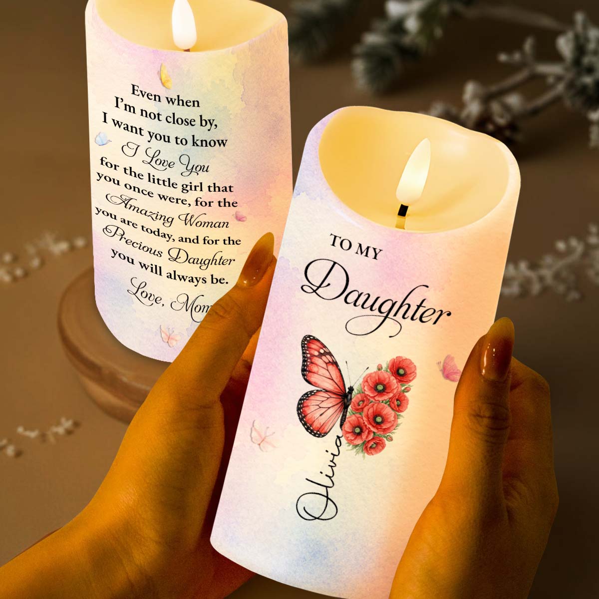 Personalized LED Candle Custom Butterfly Flower Gift for Daughter LED Candle GradoCreations