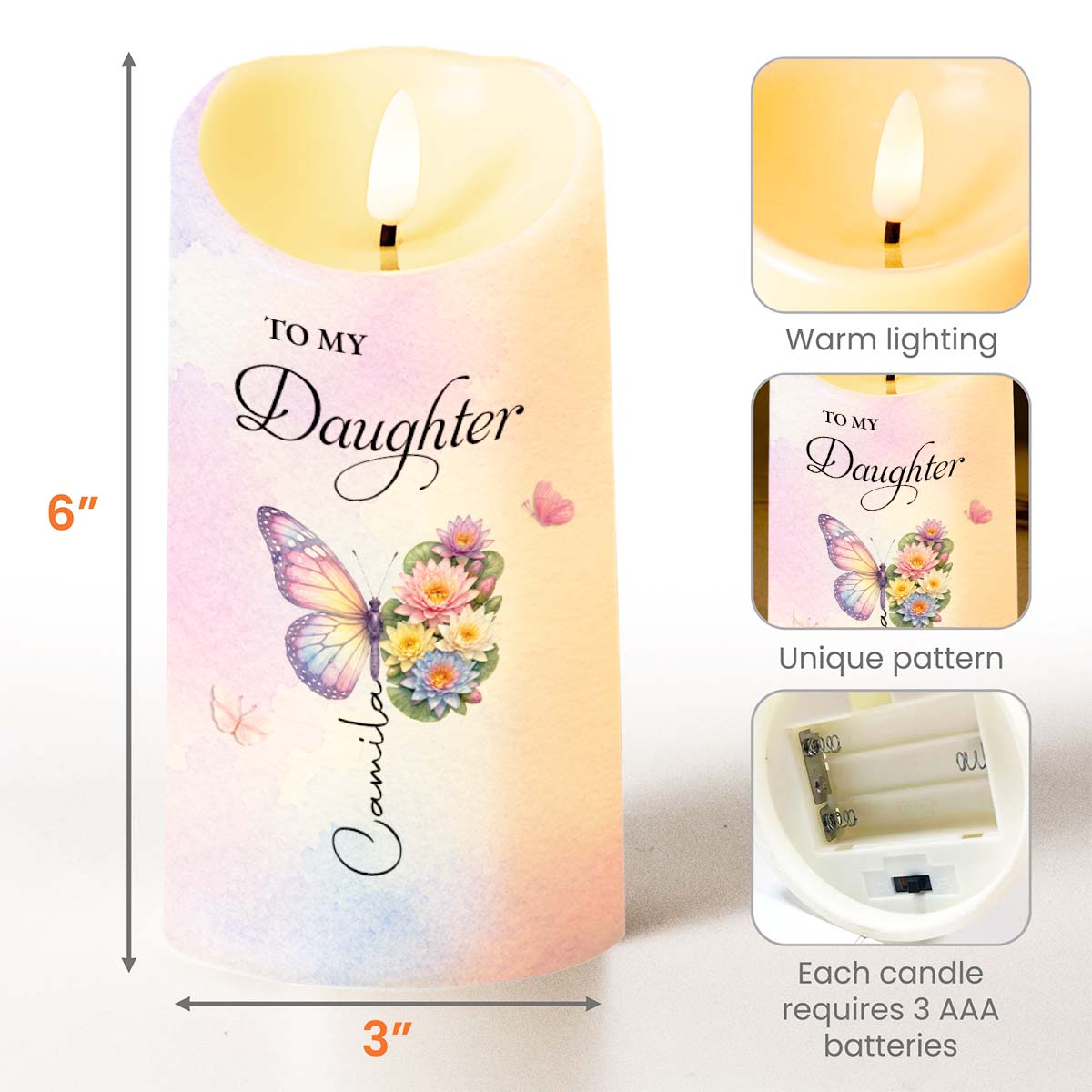 Personalized LED Candle Custom Butterfly Flower Gift for Daughter LED Candle GradoCreations