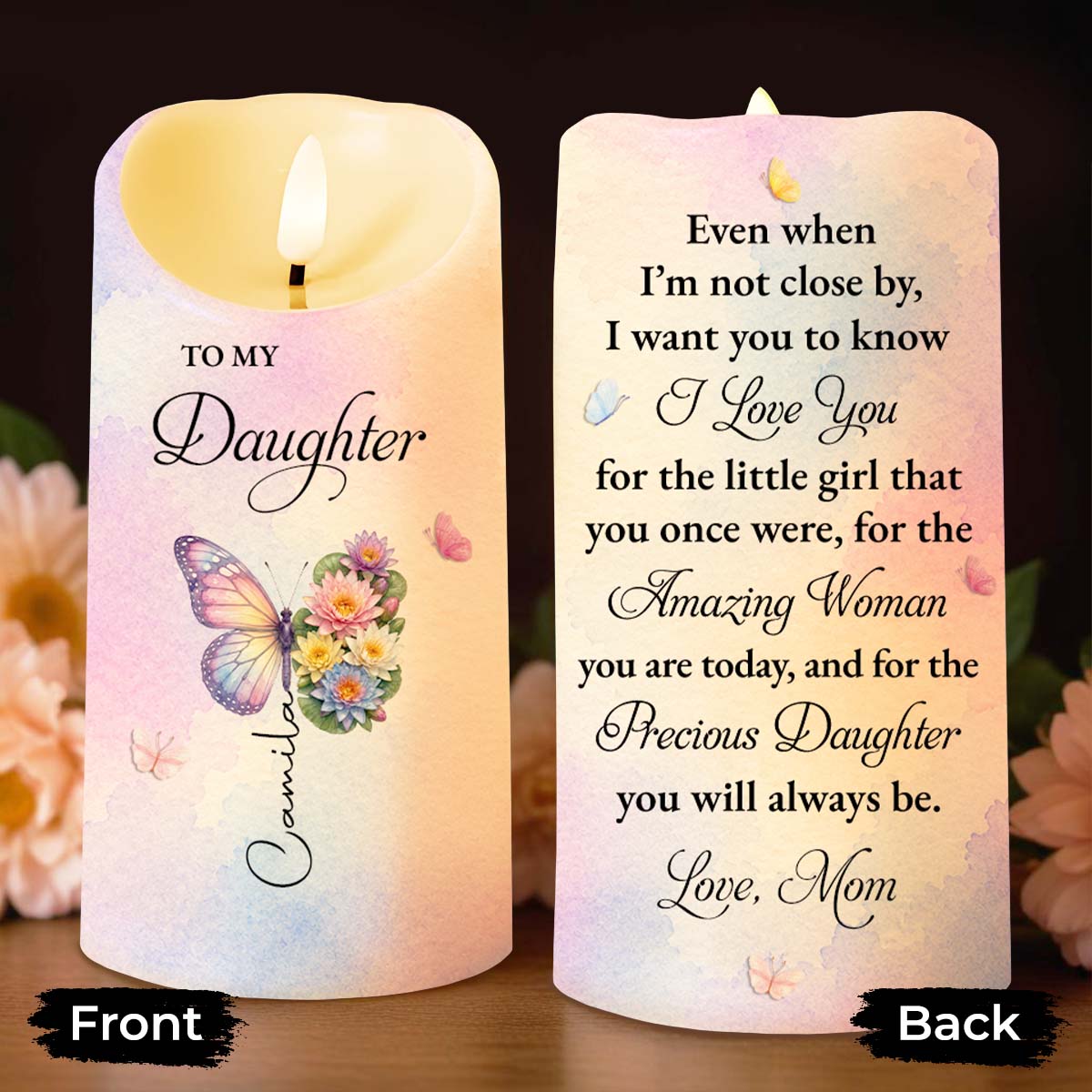 Personalized LED Candle Custom Butterfly Flower Gift for Daughter LED Candle GradoCreations