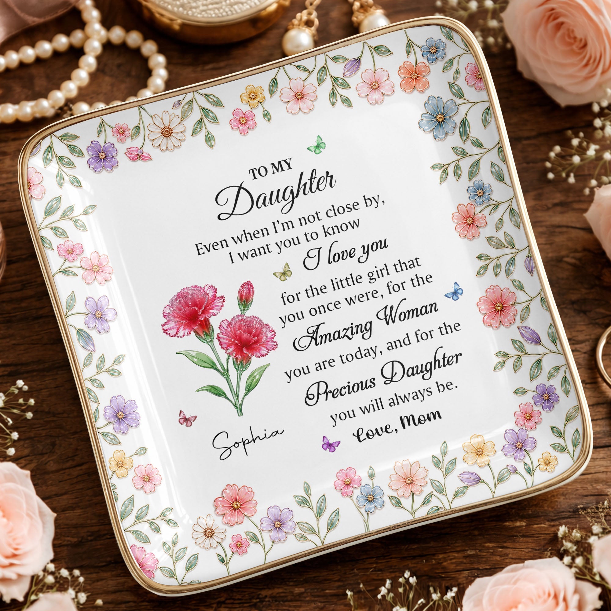 Personalized Ceramic Jewelry Dish Custom Birth Month Flowers for Daughter Jewelry Dish GradoCreations
