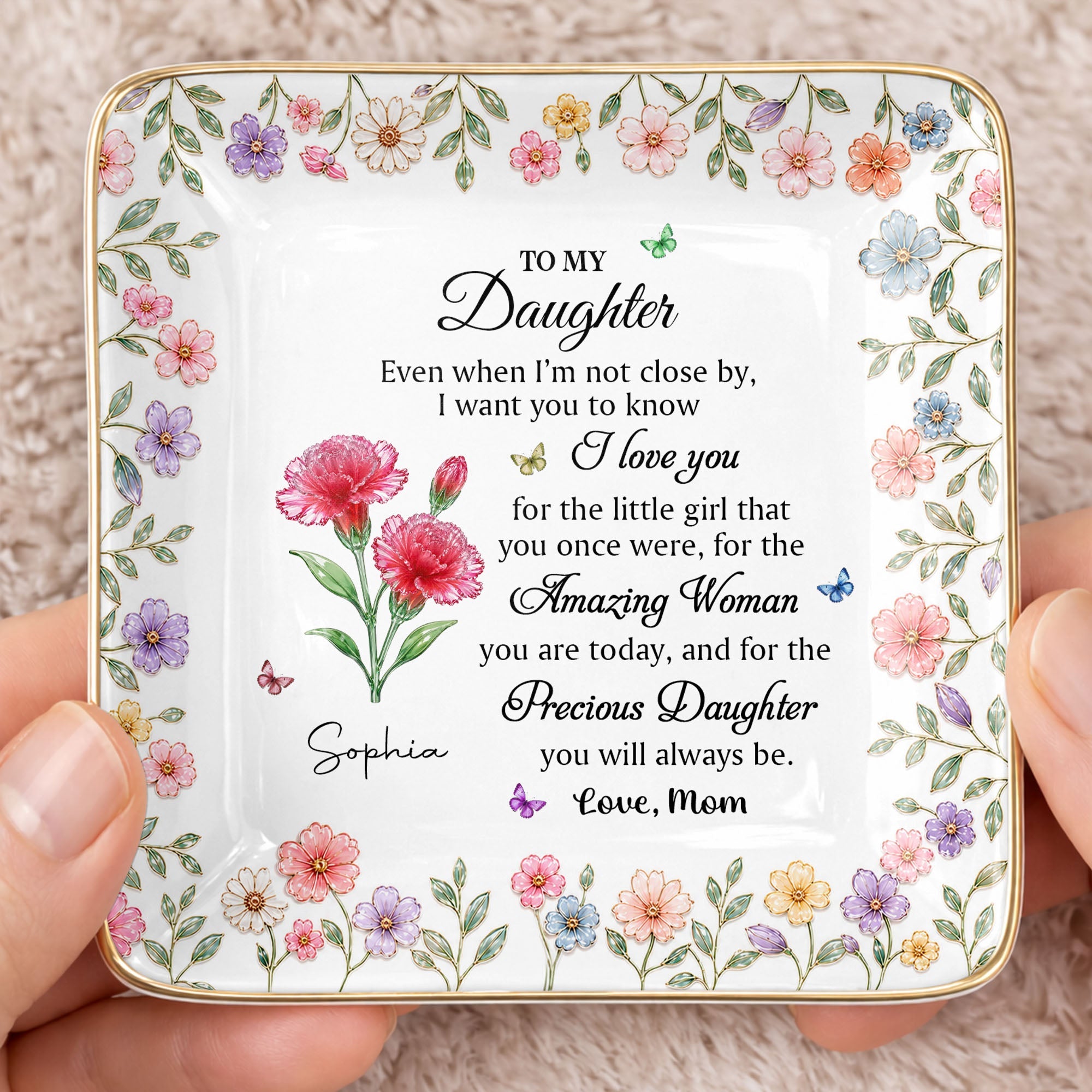 Personalized Ceramic Jewelry Dish Custom Birth Month Flowers for Daughter Jewelry Dish GradoCreations
