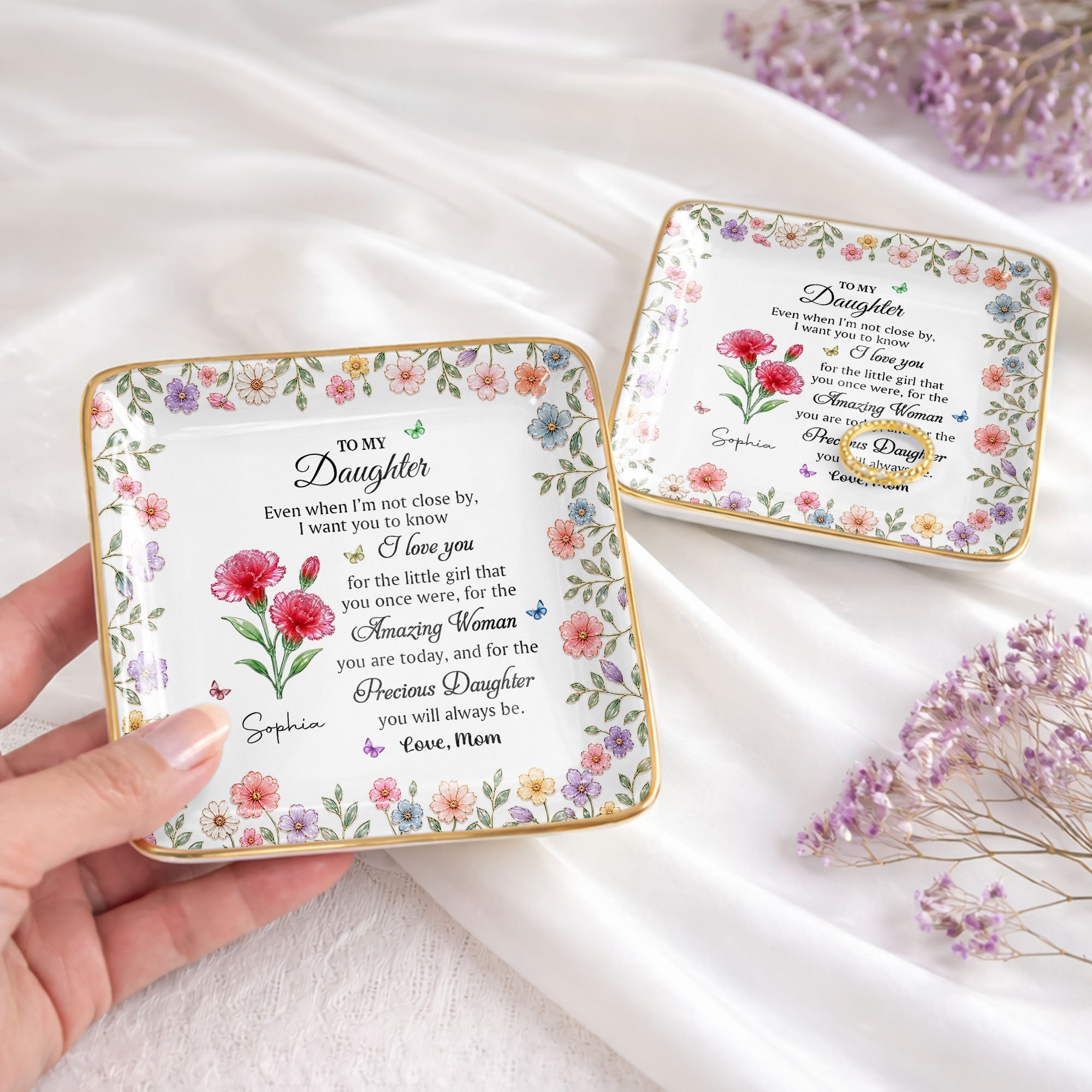 Personalized Ceramic Jewelry Dish Custom Birth Month Flowers for Daughter Jewelry Dish GradoCreations