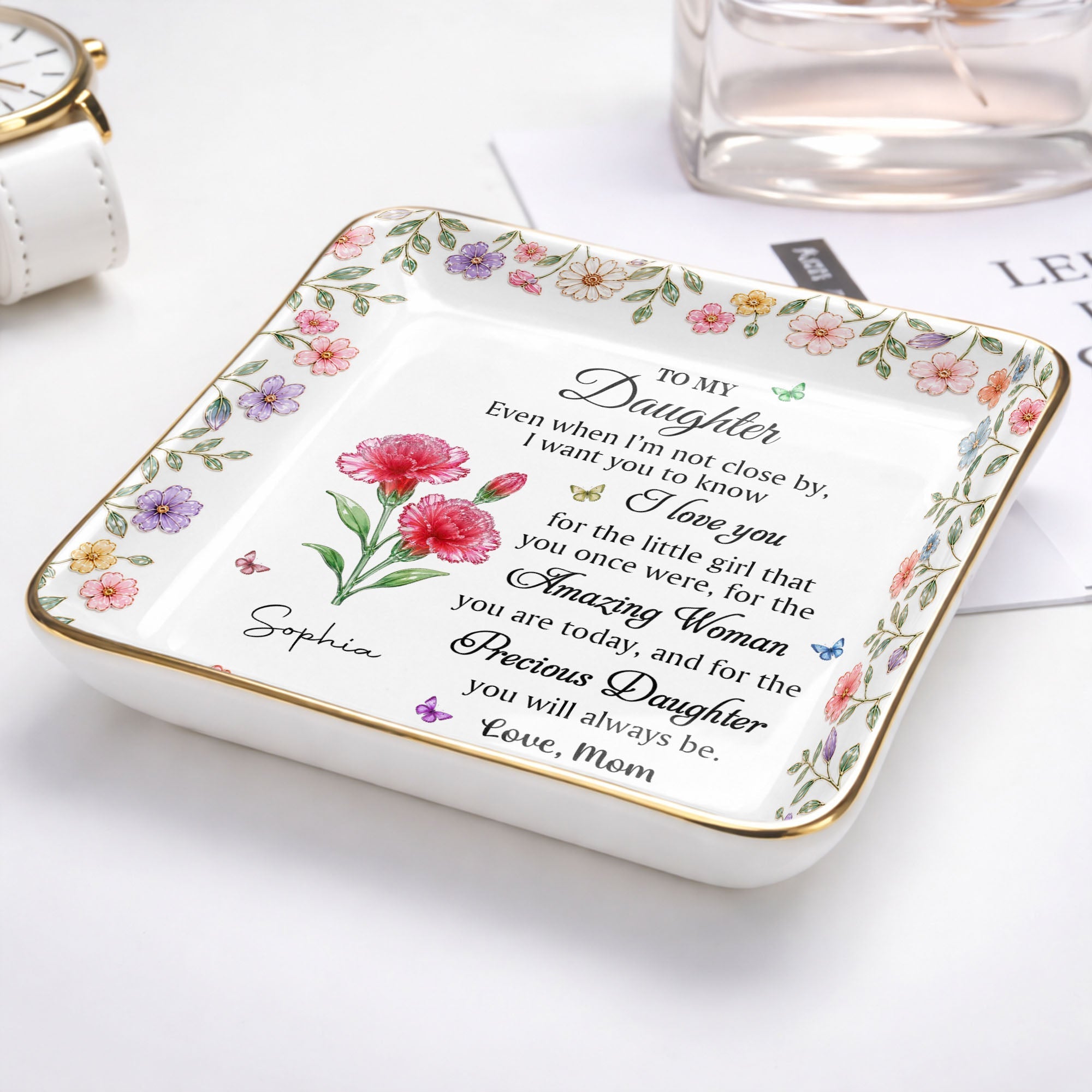 Personalized Ceramic Jewelry Dish Custom Birth Month Flowers for Daughter Jewelry Dish GradoCreations