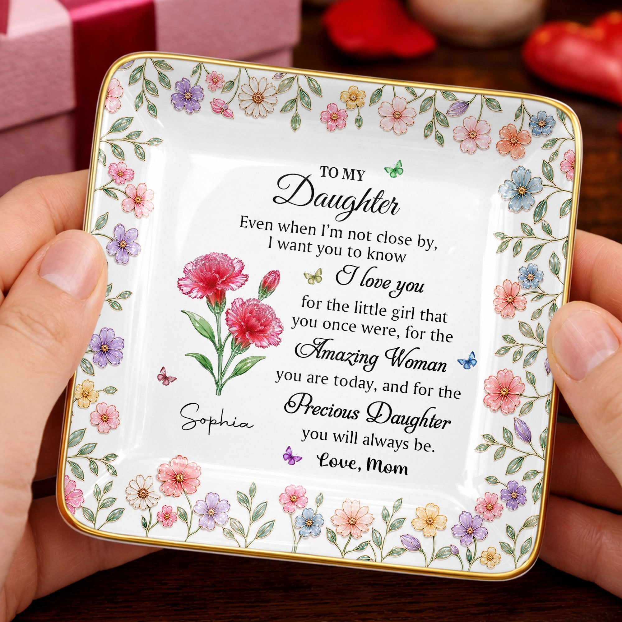 Personalized Ceramic Jewelry Dish Custom Birth Month Flowers for Daughter Jewelry Dish GradoCreations