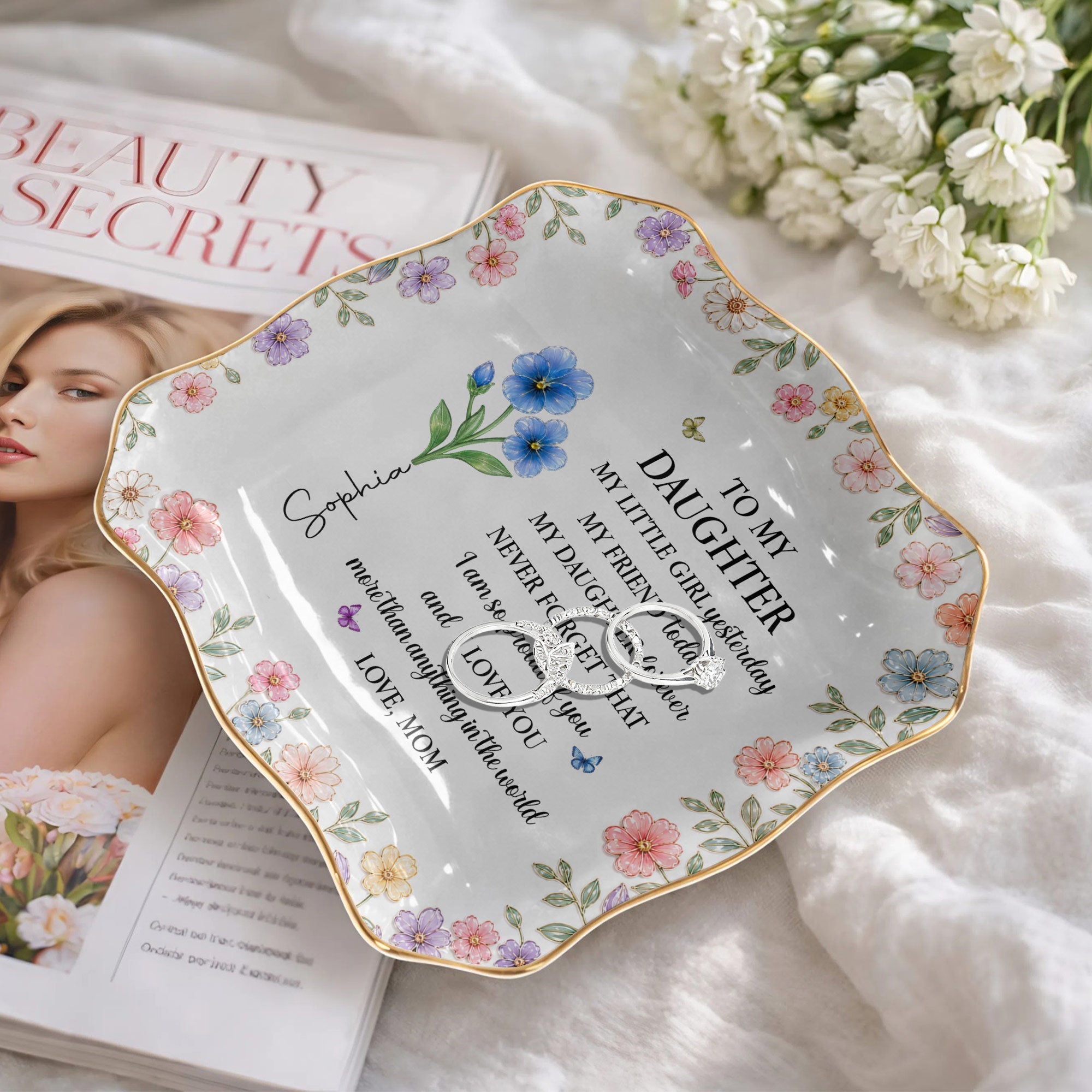Personalized Ceramic Jewelry Dish Custom Name for Daughter Lace Square Jewelry Dish GradoCreations