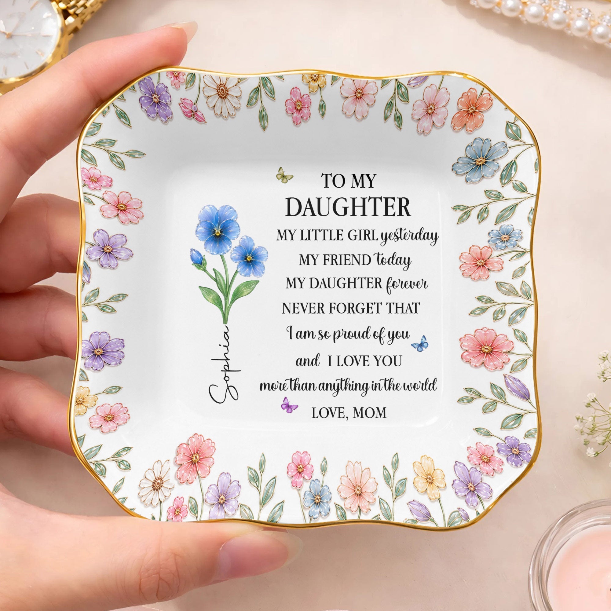 Personalized Ceramic Jewelry Dish Custom Name for Daughter Lace Square Jewelry Dish GradoCreations