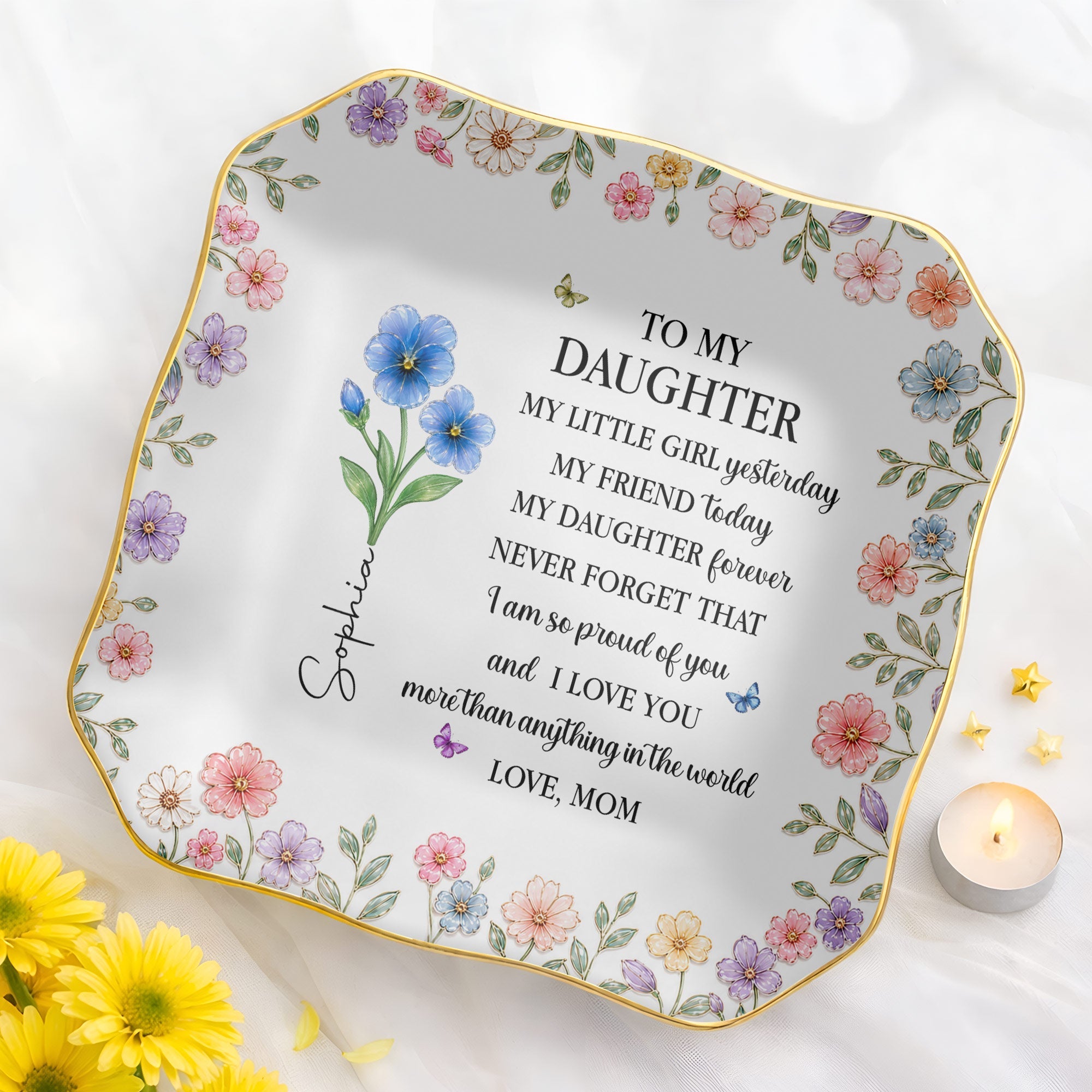 Personalized Ceramic Jewelry Dish Custom Name for Daughter Lace Square Jewelry Dish GradoCreations