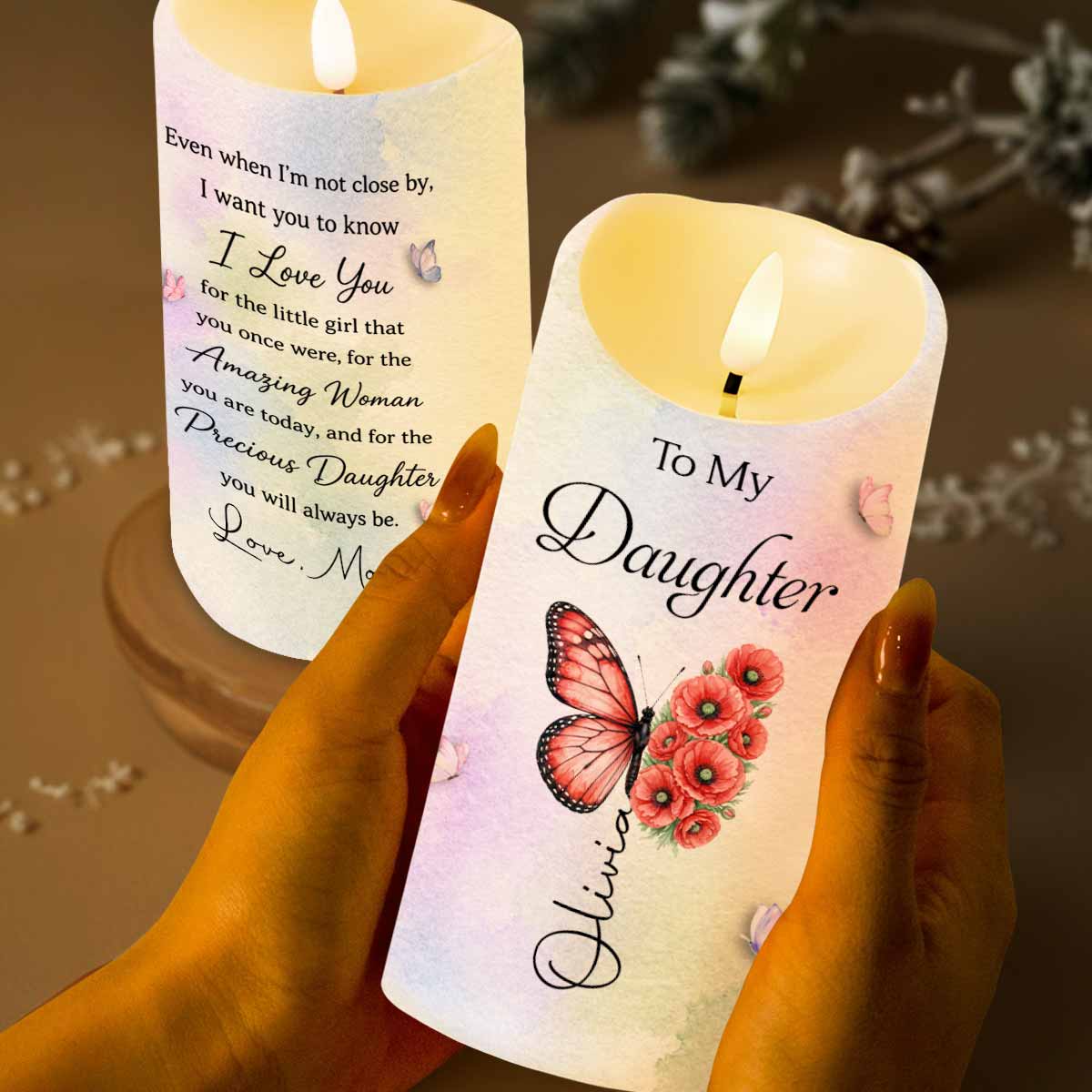 Personalized LED Candle with Birth Month Flowers Custom Gift for Daughter LED Candle GradoCreations