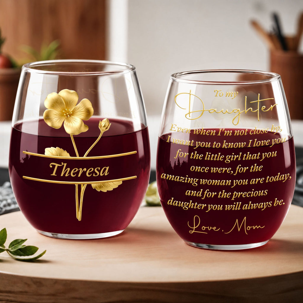 Personalized Wine Glass Gift for Daughter with Gold Flower Design Wine Glasses GradoCreations
