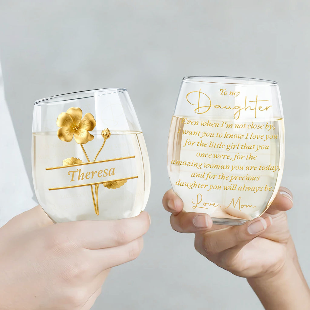 Personalized Wine Glass Gift for Daughter with Gold Flower Design Wine Glasses GradoCreations